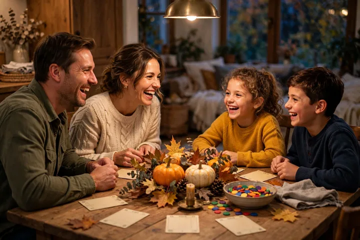 Family playing Thanksgiving bingo together at the dining table