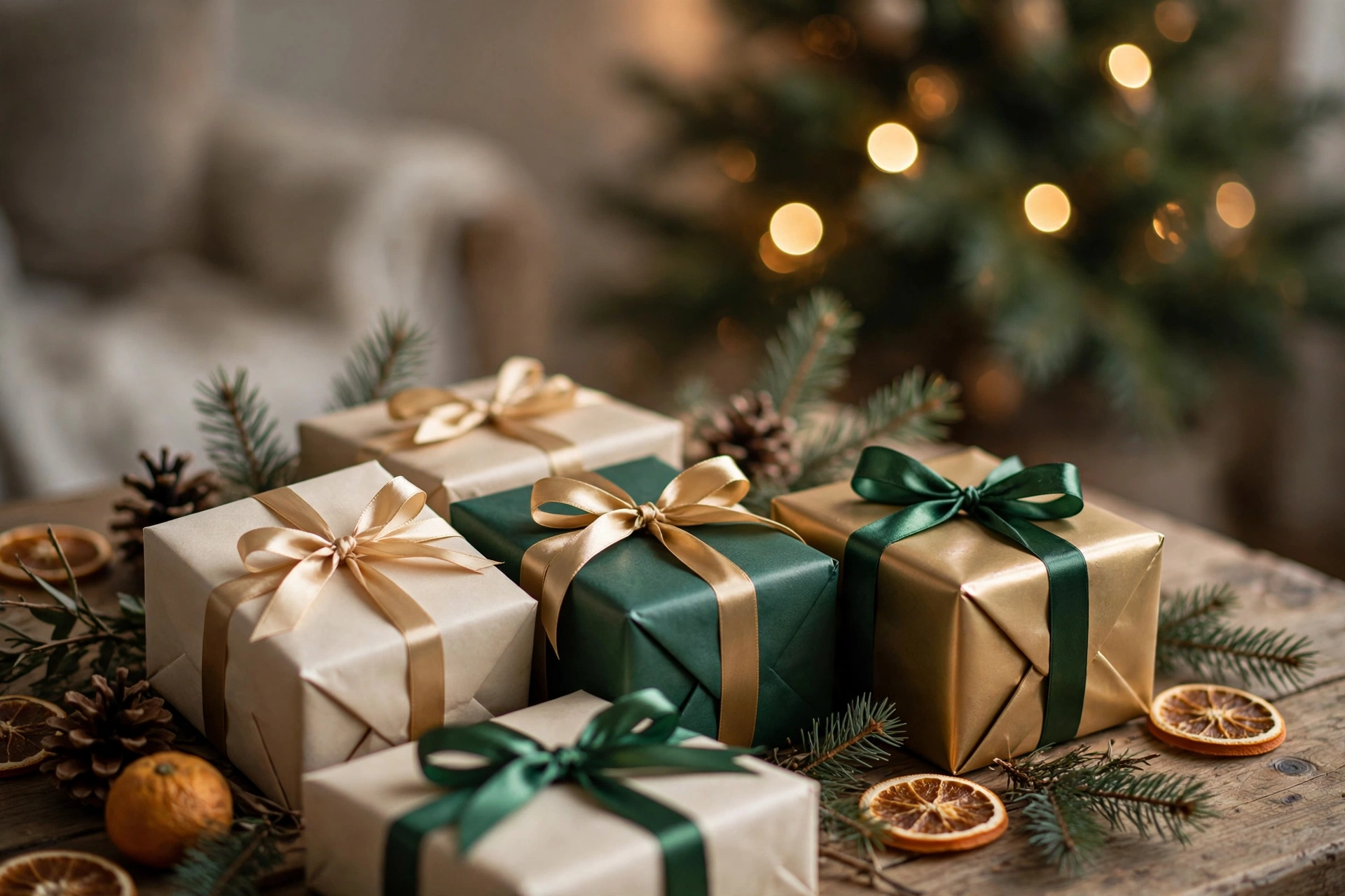 Beautifully wrapped Christmas gifts for her arranged beside a Christmas tree