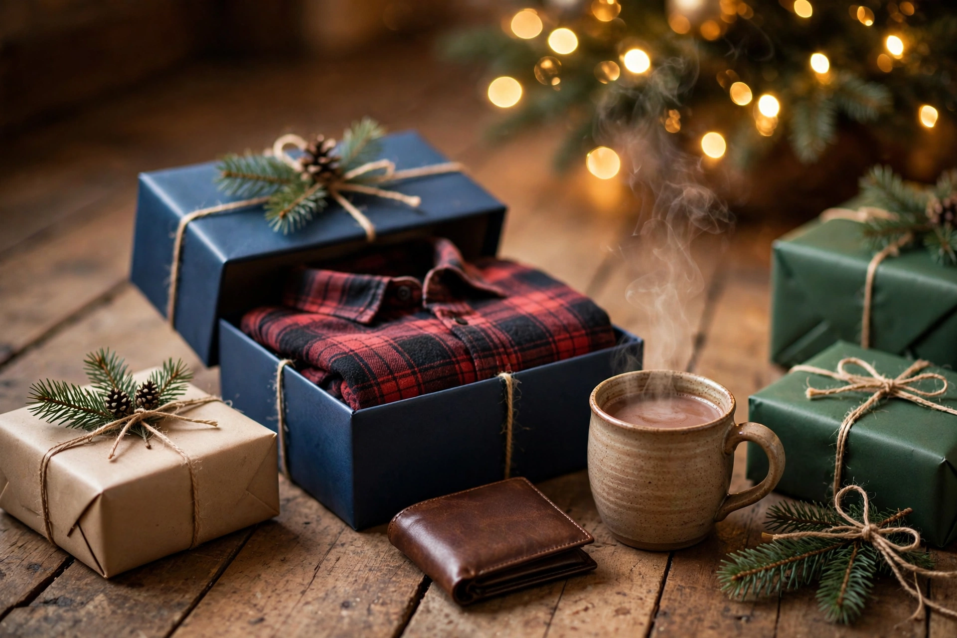 A cozy arrangement of wrapped Christmas gifts for him beside a softly lit Christmas tree.