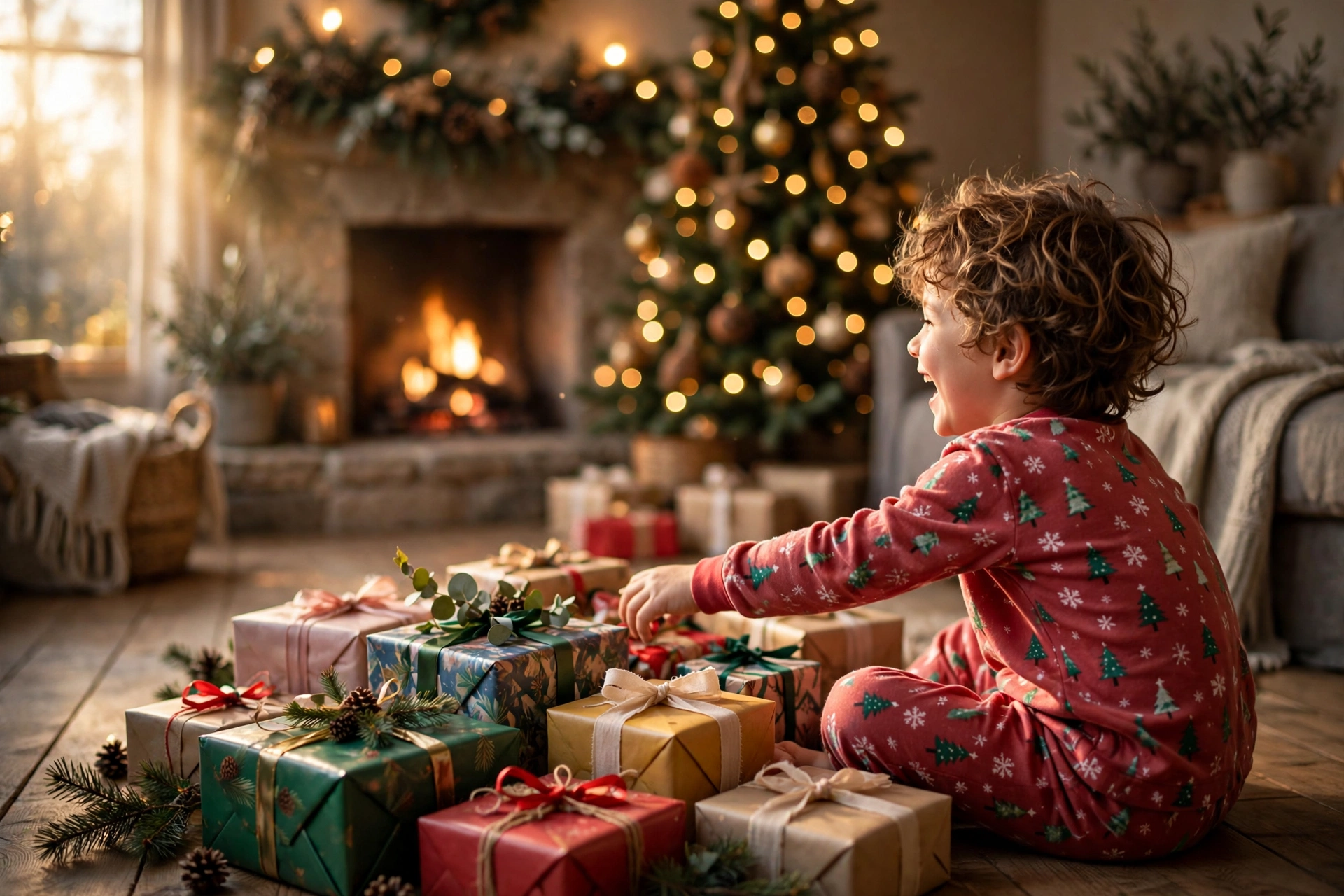 Christmas gifts for kids — joyful child with wrapped presents under the Christmas tree