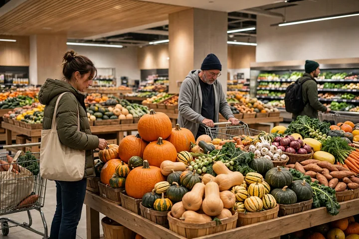Stores open on Thanksgiving 2026: grocery produce section with limited holiday hours