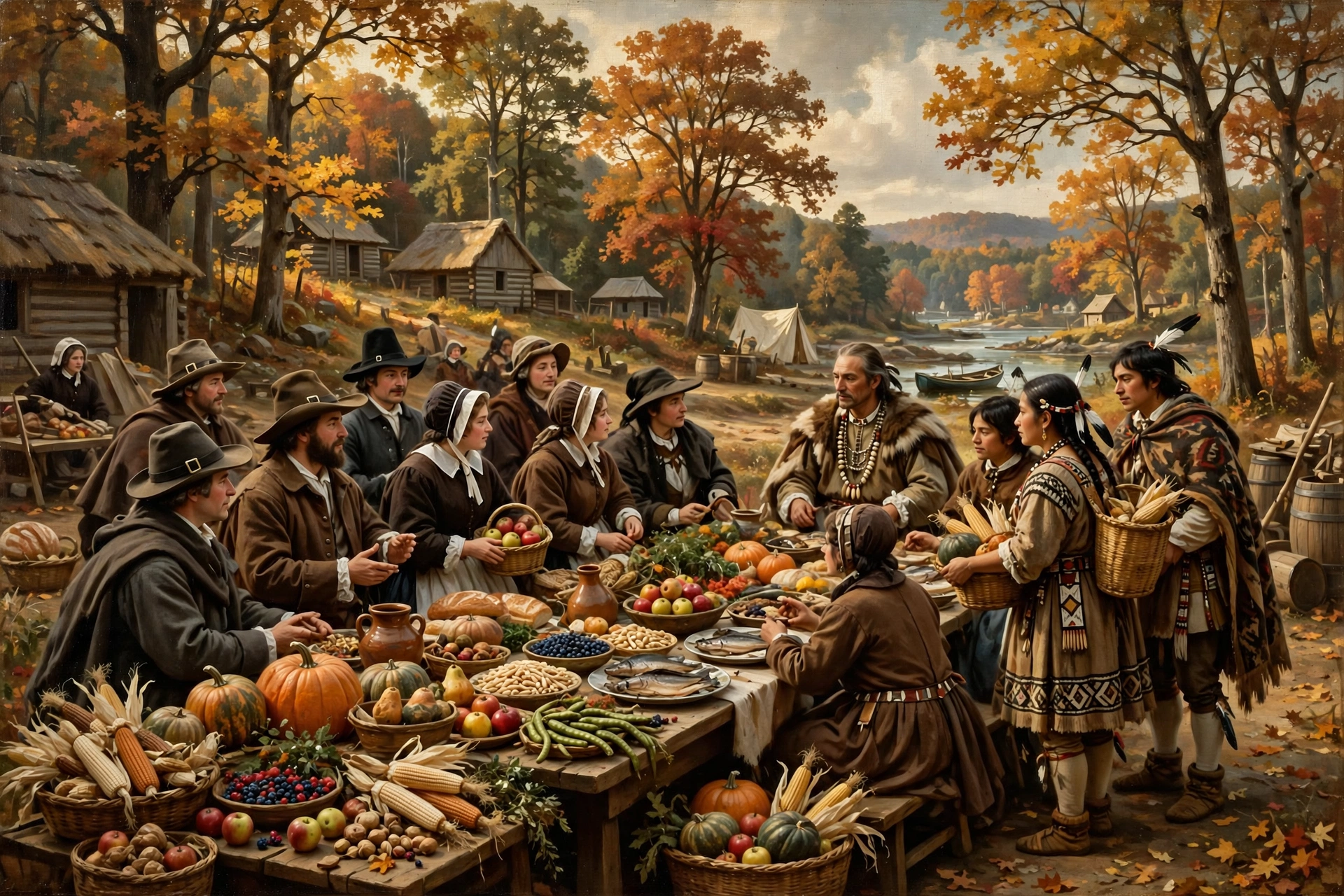 Historical painting depicting an imagined Thanksgiving gathering at Plymouth