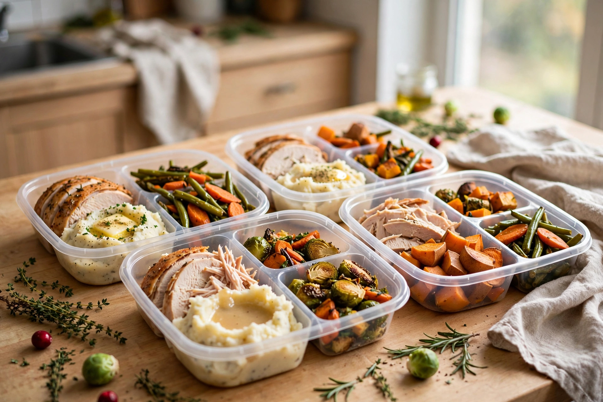 Thanksgiving leftovers packed in labeled containers