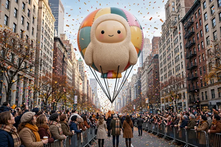 Giant character balloon floating above the Macy's Thanksgiving Day Parade 2026 route in New York City