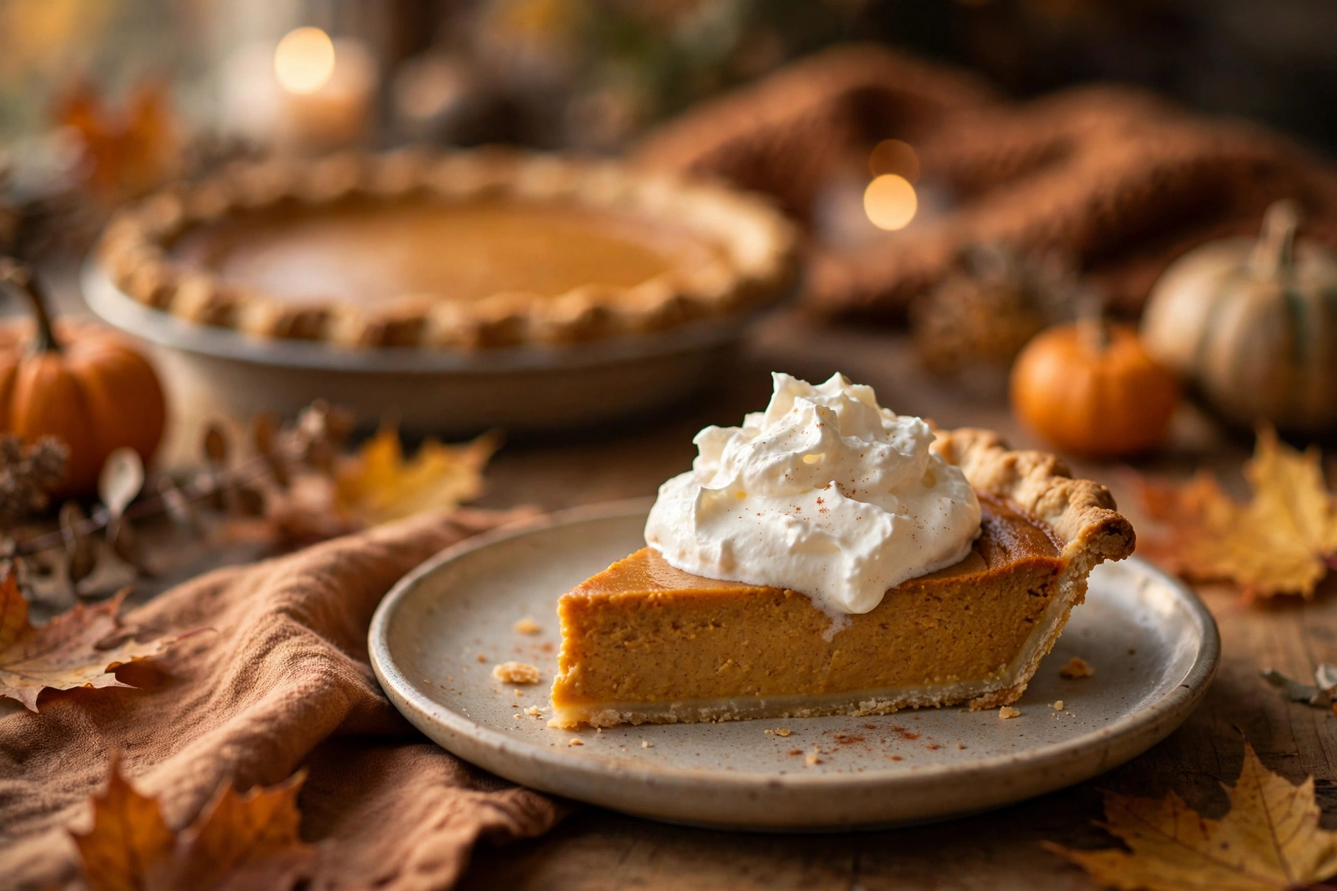 Classic pumpkin pie with whipped cream on a Thanksgiving table