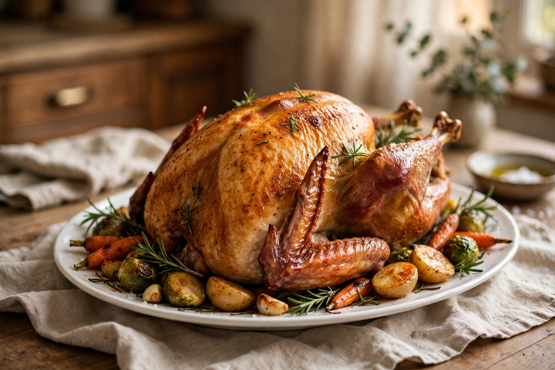 Golden roasted Thanksgiving turkey on a platter