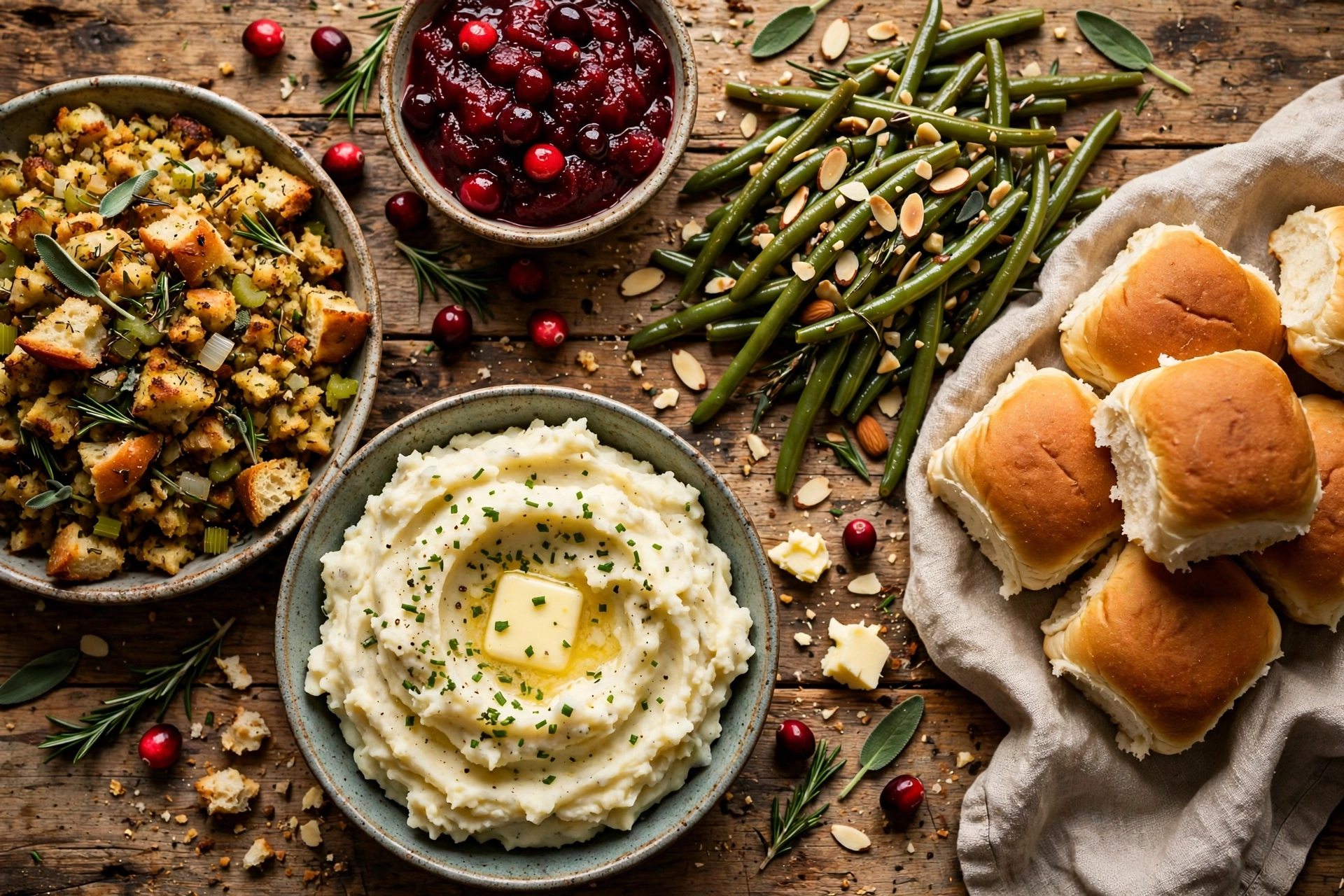 Spread of classic Thanksgiving side dishes on a holiday table