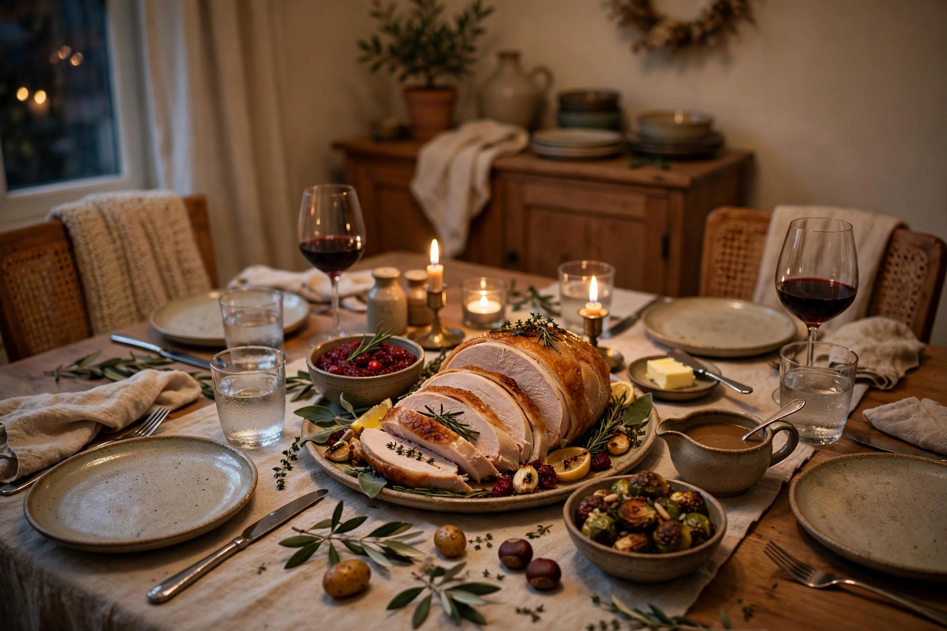Intimate small Thanksgiving dinner table set for four people with turkey breast centerpiece