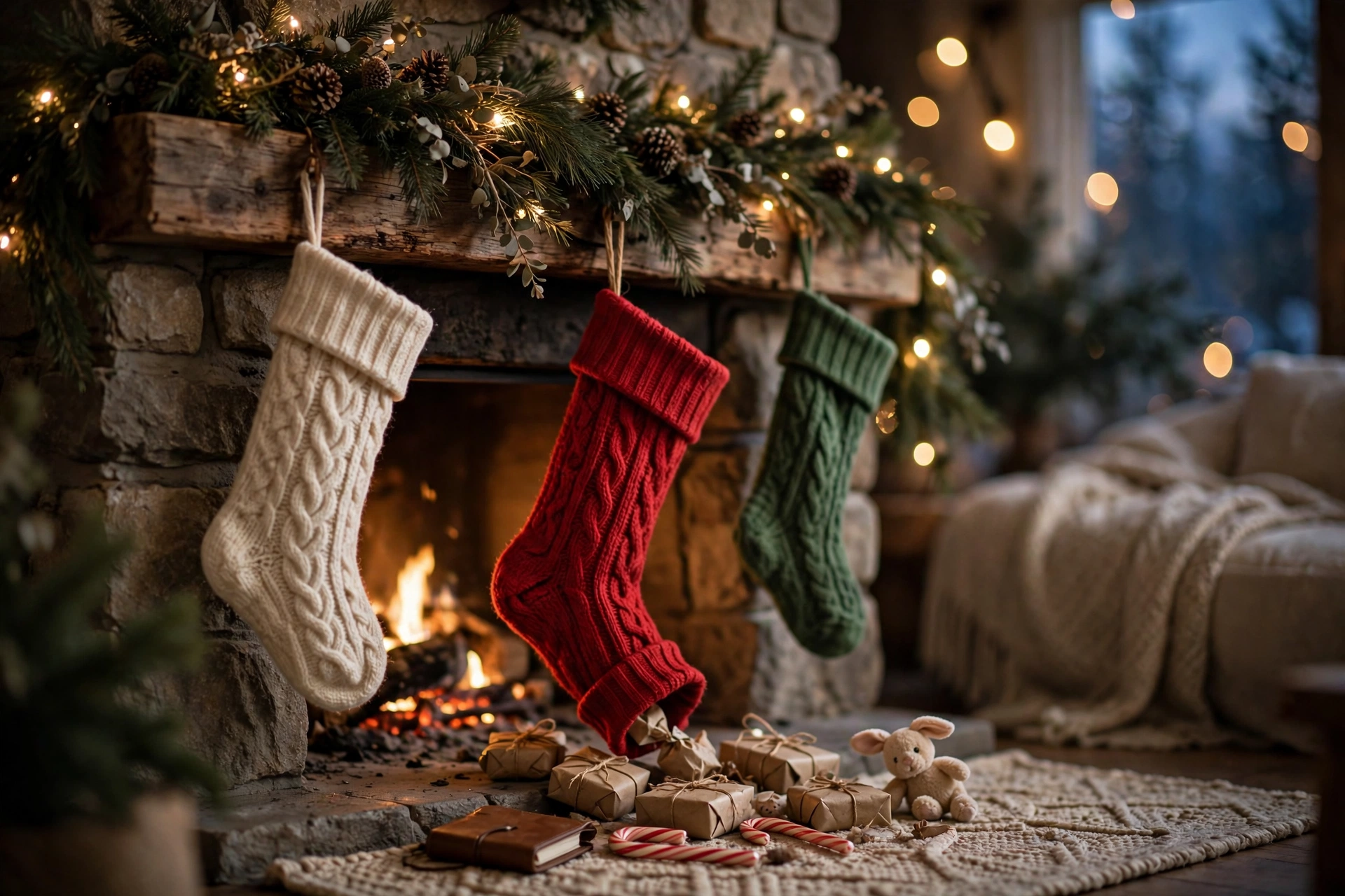 Christmas stockings hung by a fireplace with small gifts spilling out — stocking stuffer ideas 2026
