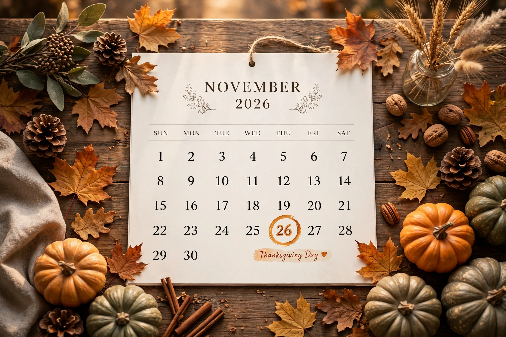 Thanksgiving 2026 calendar with November 26 circled, autumn decorations