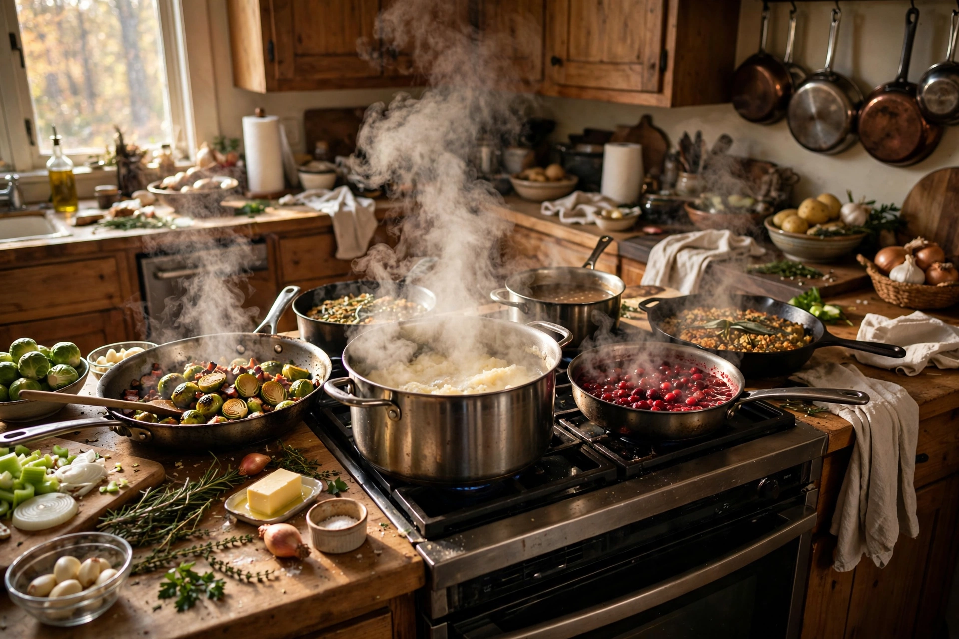Busy home kitchen on Thanksgiving Day with multiple dishes cooking at once