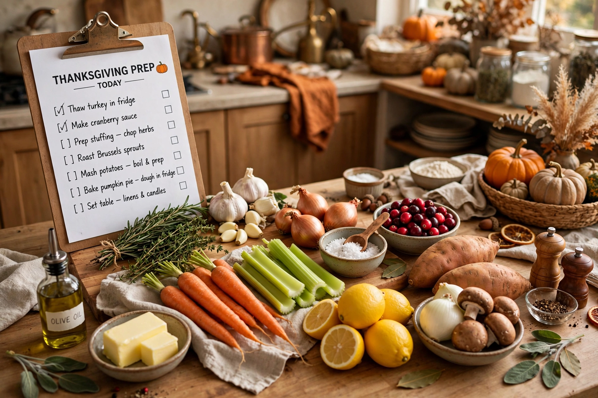 Organized Thanksgiving kitchen preparation with checklist and fresh ingredients