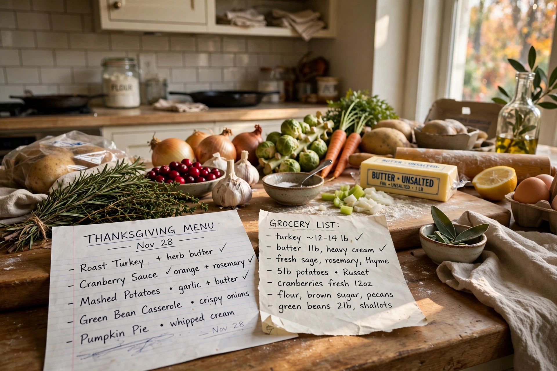 Cozy home kitchen during Thanksgiving dinner preparation with menu notes and fresh ingredients