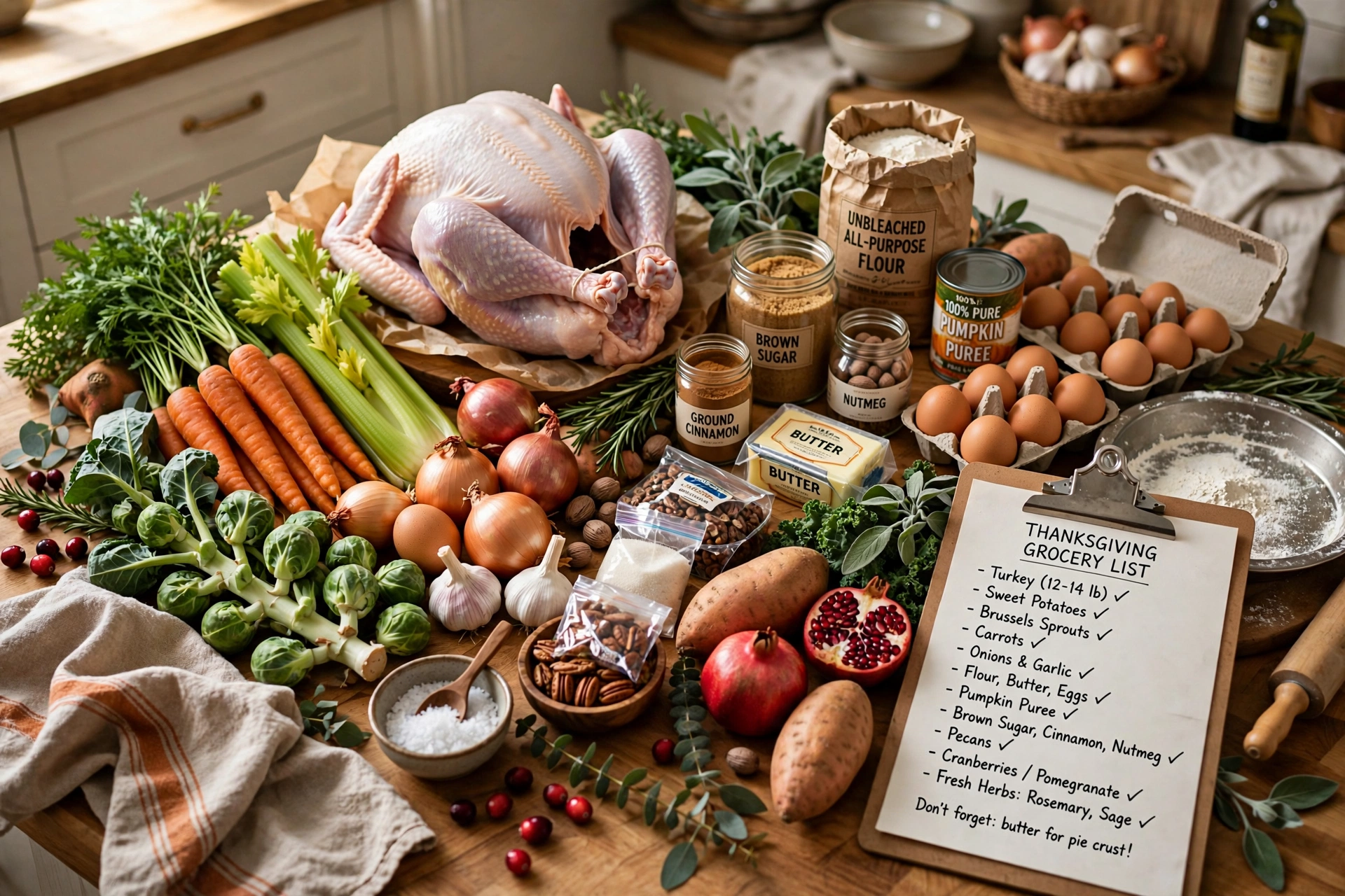 Thanksgiving grocery haul with turkey, vegetables and shopping list on kitchen counter