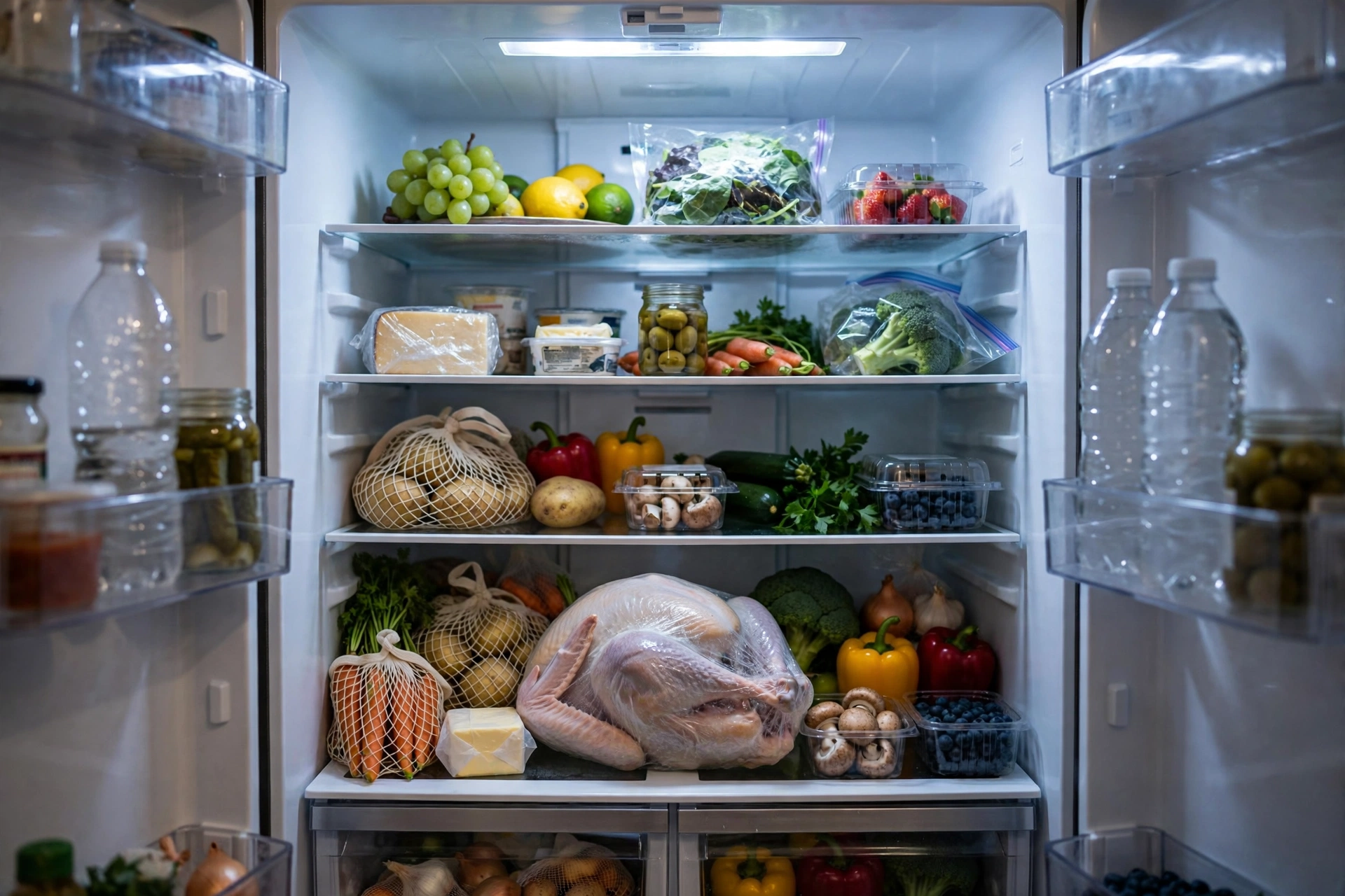 Wrapped frozen turkey on the bottom shelf of an open refrigerator