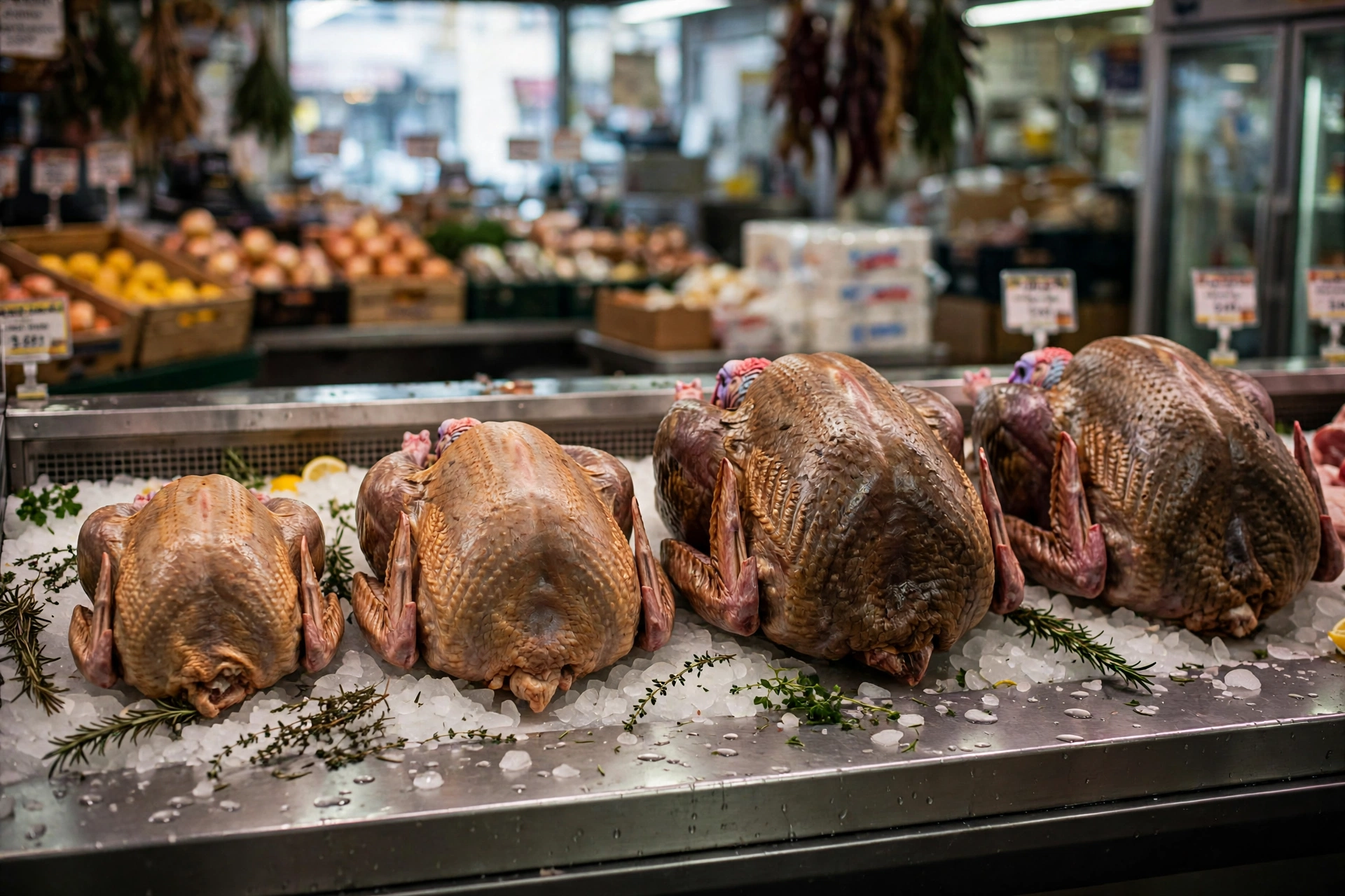 Whole turkeys of different sizes displayed at a market