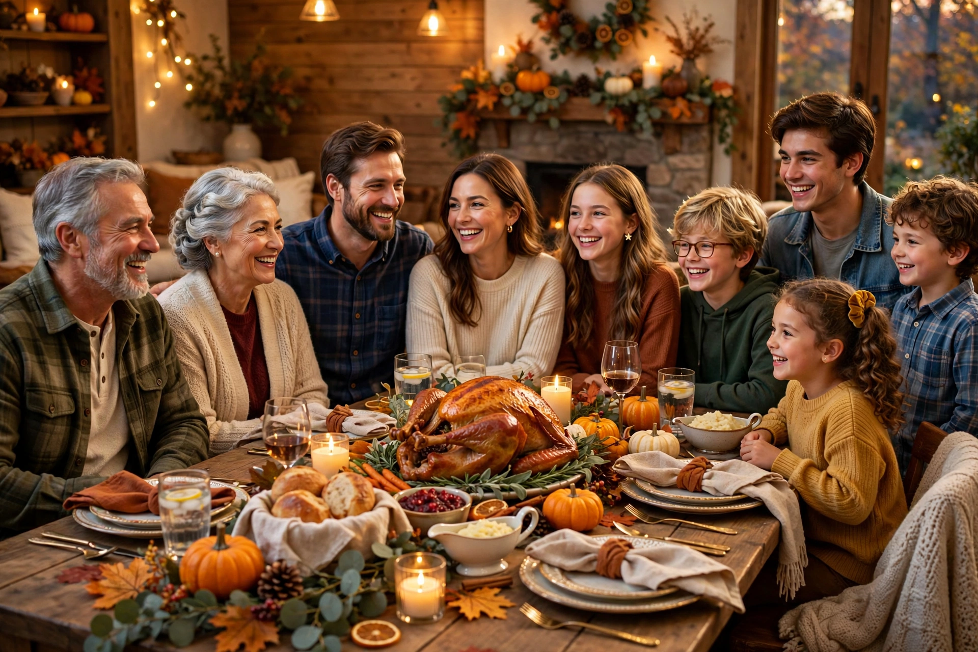 Happy American family gathered around a Thanksgiving dinner table with roast turkey