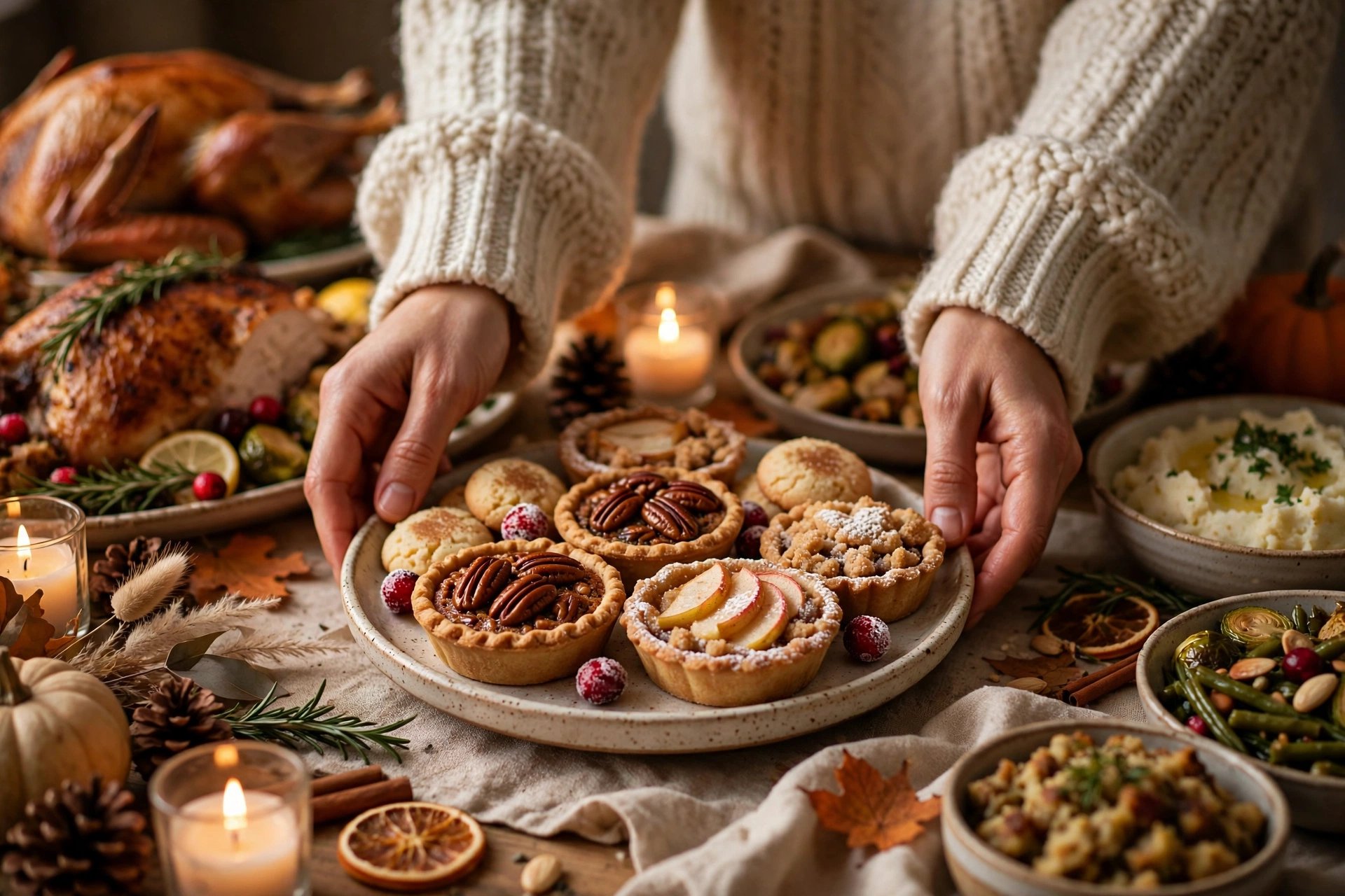 Hands placing a dessert platter on a festive Thanksgiving dinner table
