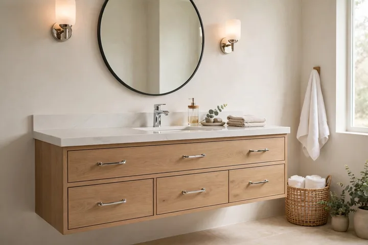 Floating vanity with drawers and quartz countertop in a modern bathroom
