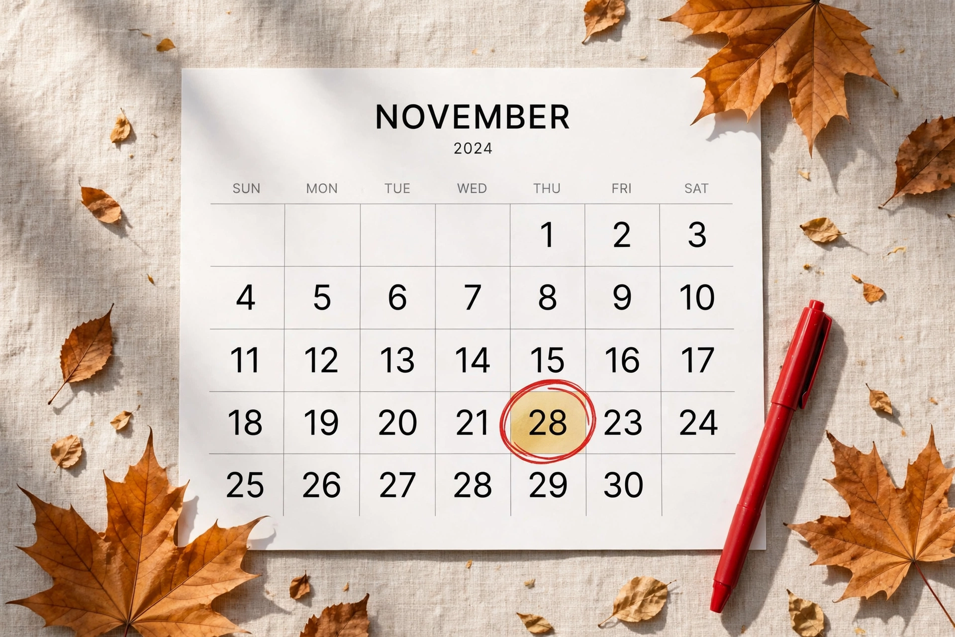 Thanksgiving 2026 falls on the fourth Thursday of November November 2026 calendar with Thanksgiving Day circled, surrounded by autumn leaves and pumpkins