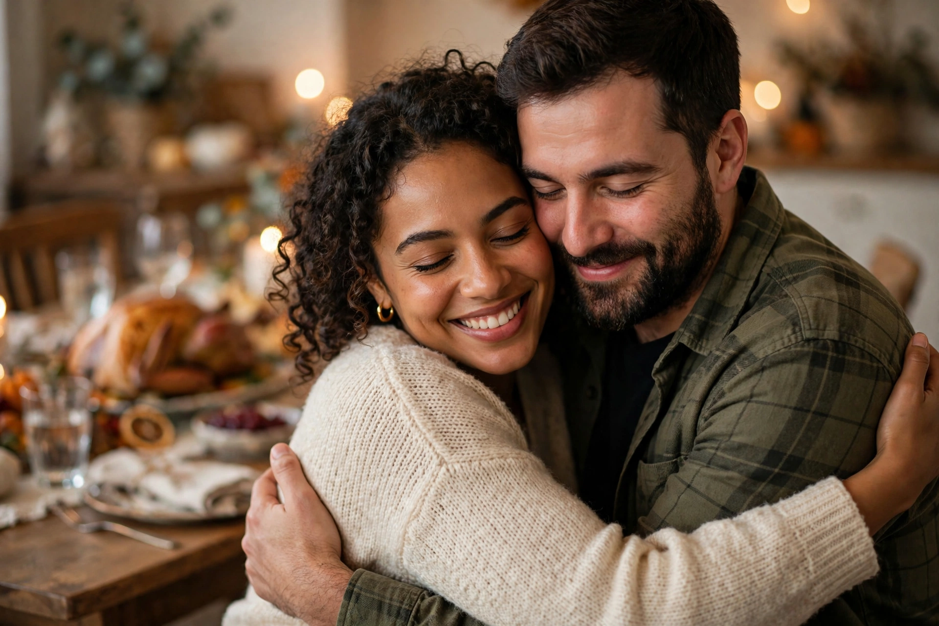 Two friends embracing warmly at a holiday gathering, Thanksgiving wishes for friends