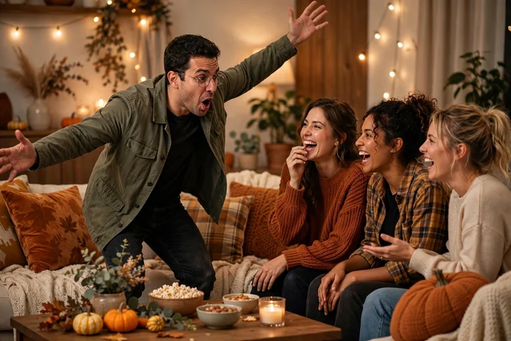 Adult friends playing thanksgiving games for adults during a Friendsgiving game night in the living room