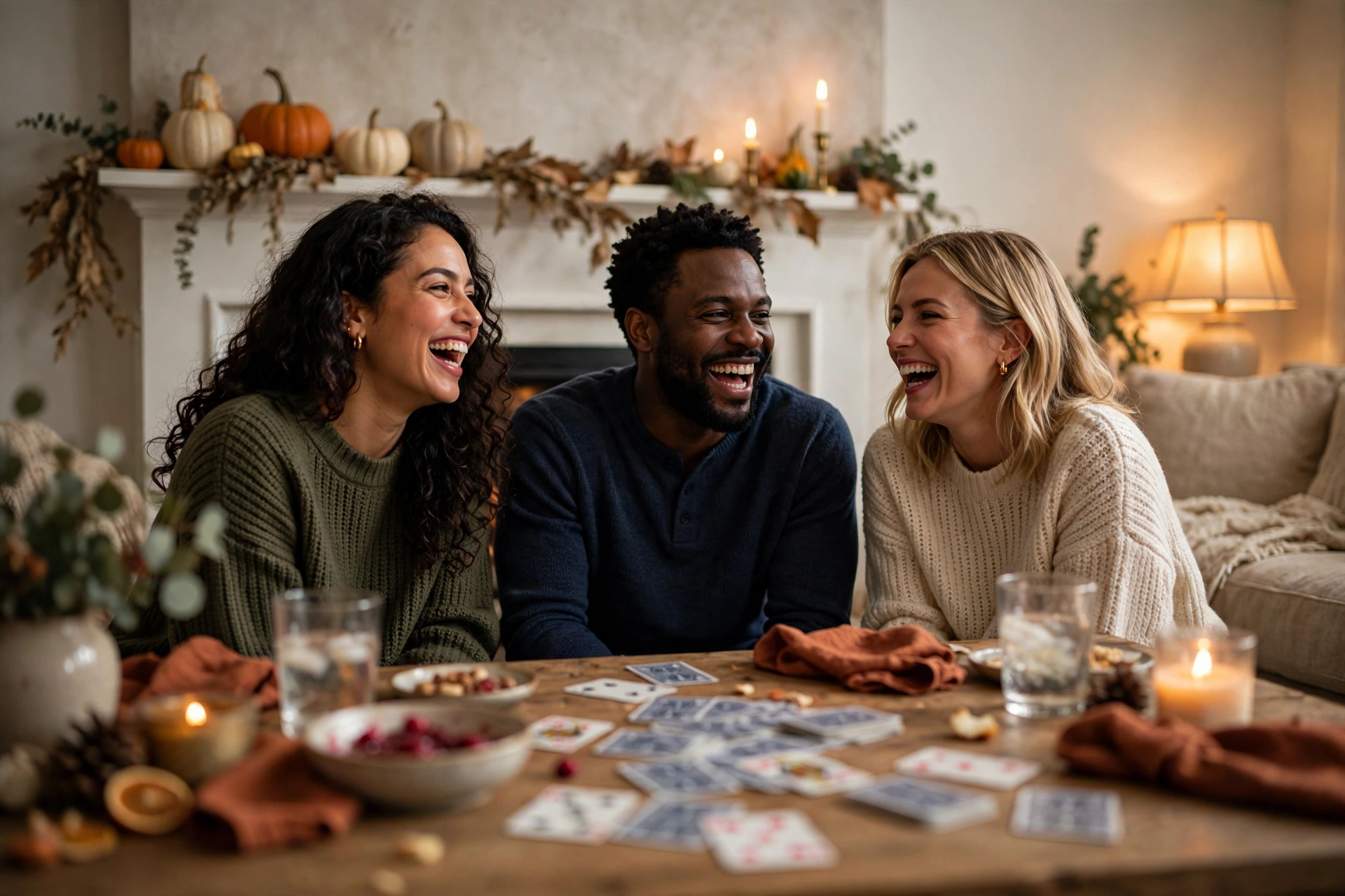 Friendsgiving ideas: friends laughing while playing a card game after Friendsgiving dinner