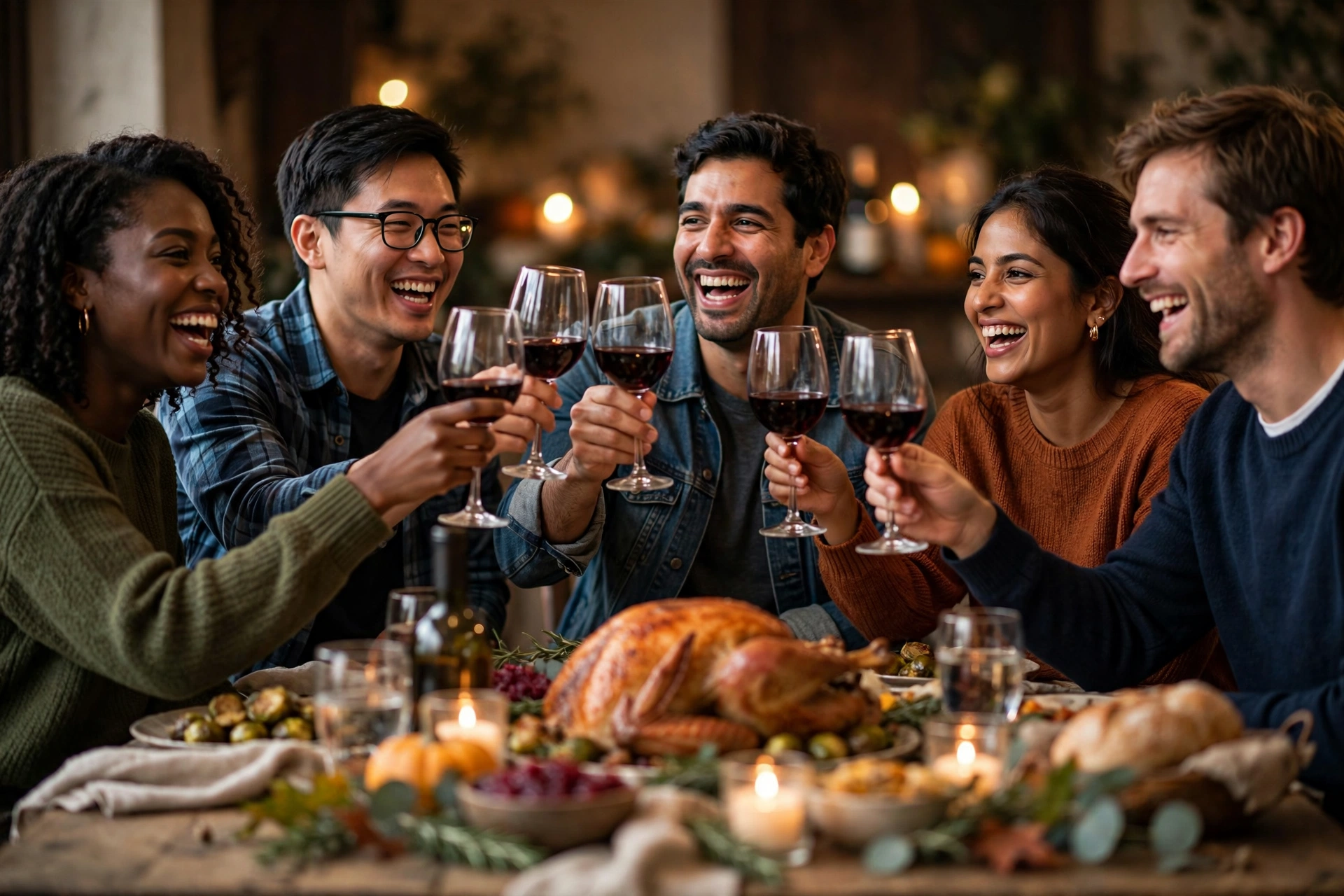 Friendsgiving ideas: diverse friends raising wine glasses in a toast around a Friendsgiving dinner table