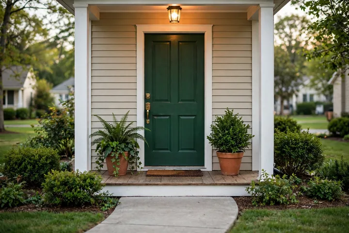 Welcoming front porch with refreshed door, plants, and clean walkway