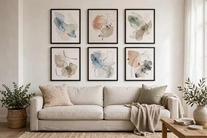 Gallery wall with coordinated frames above a sofa in a living room