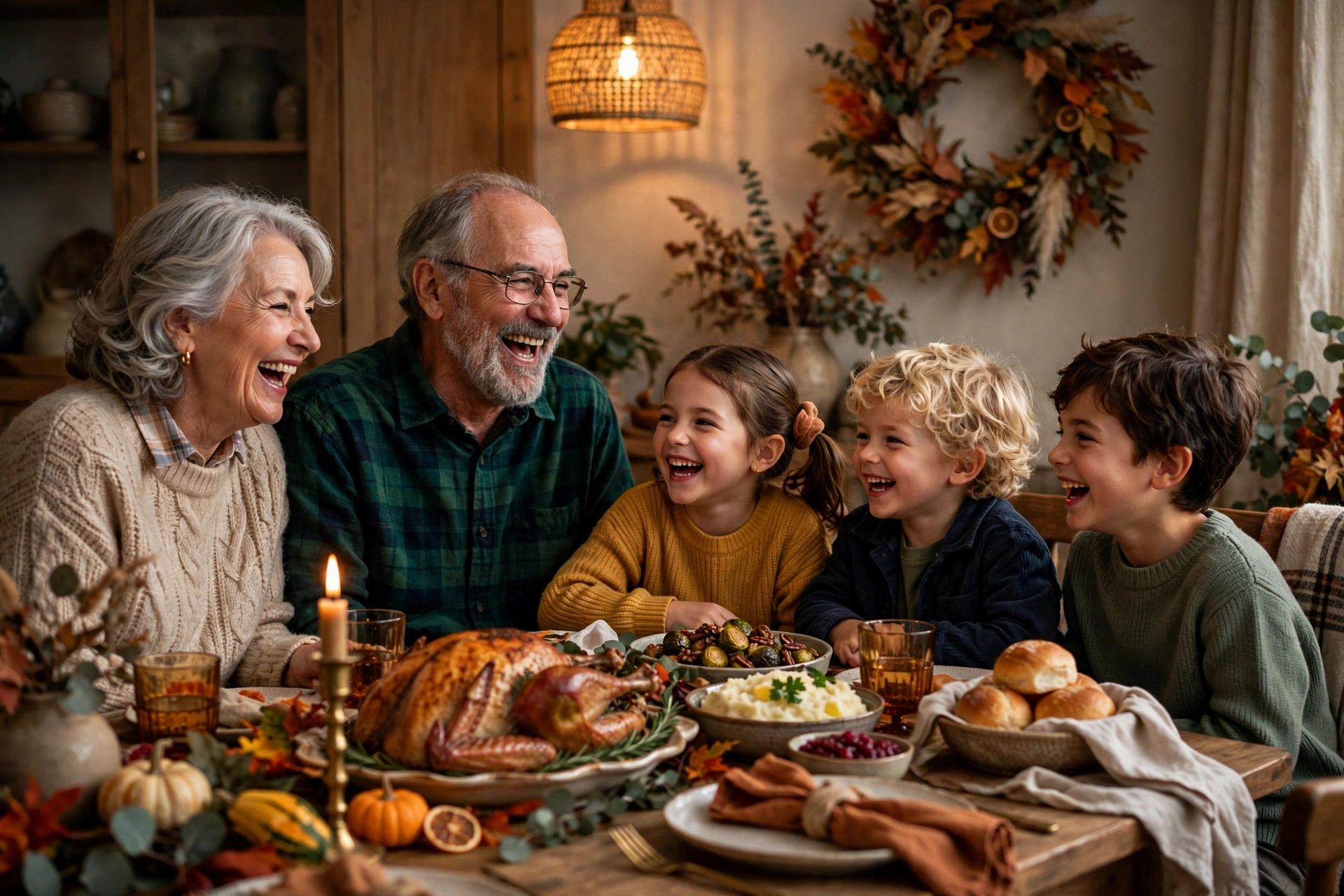 Grandparents laughing with grandchildren at a Thanksgiving dinner table, heartfelt Thanksgiving wishes