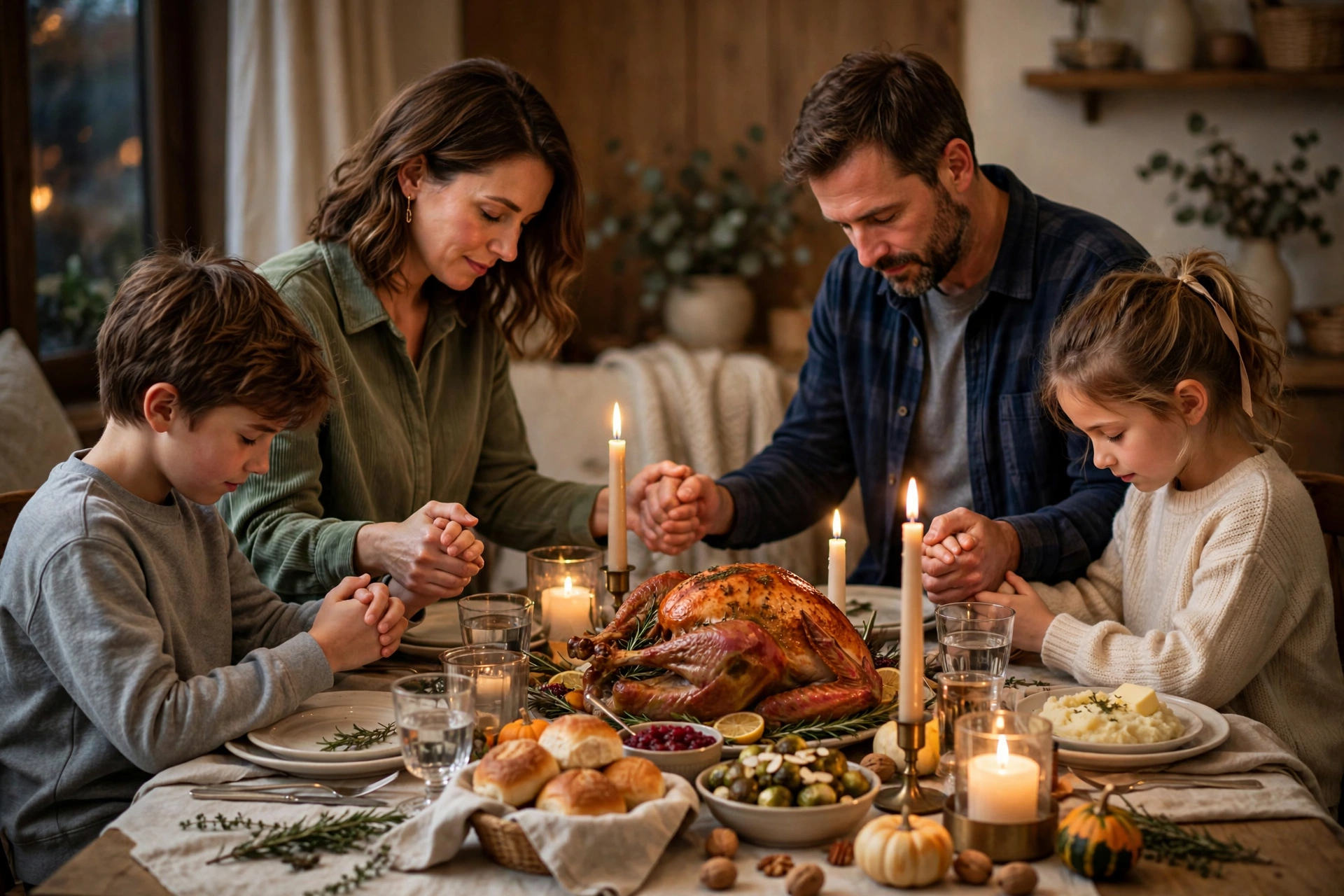 Thanksgiving traditions: family holding hands in a moment of gratitude around the dinner table