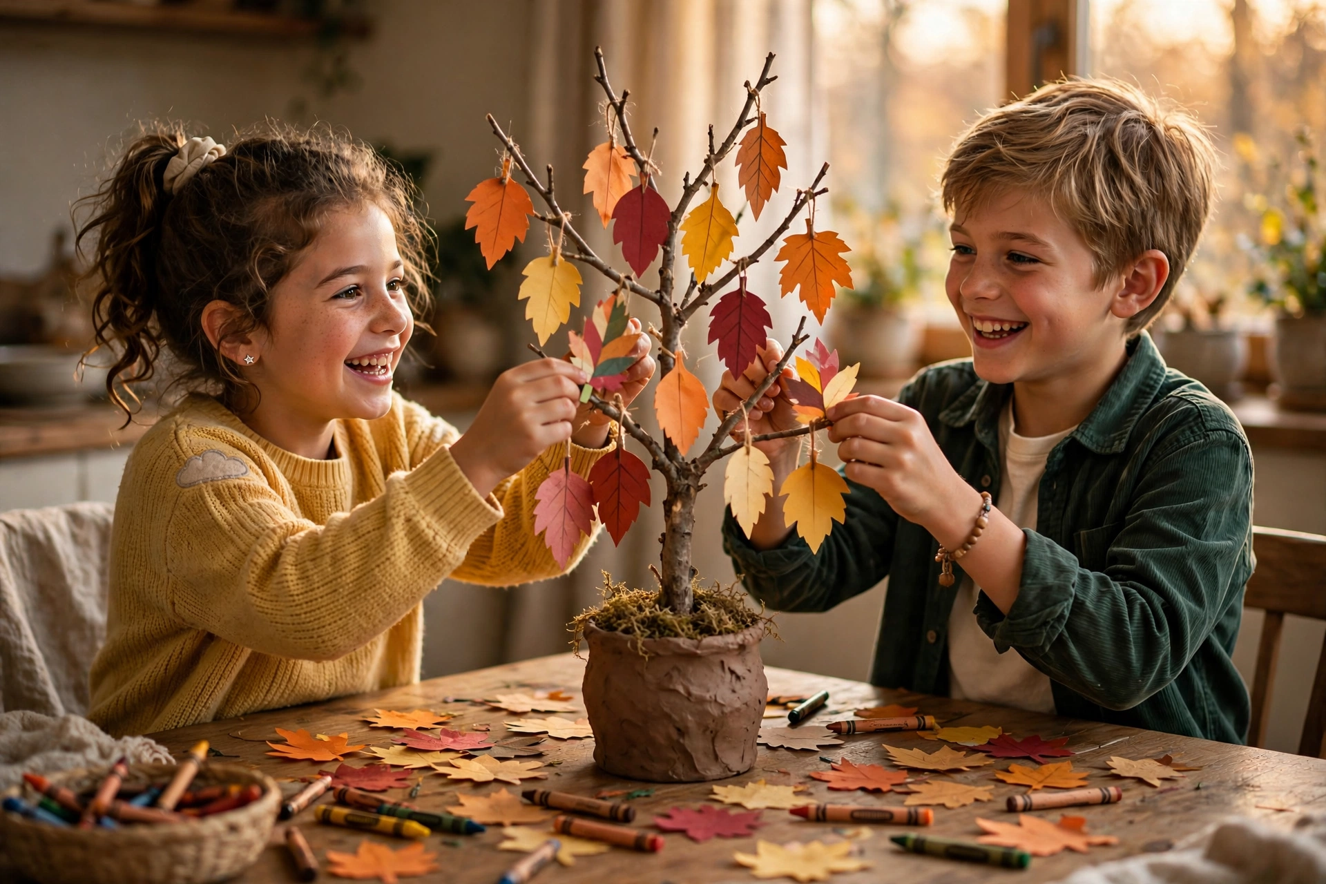 Kids hanging paper leaves on a homemade gratitude tree craft