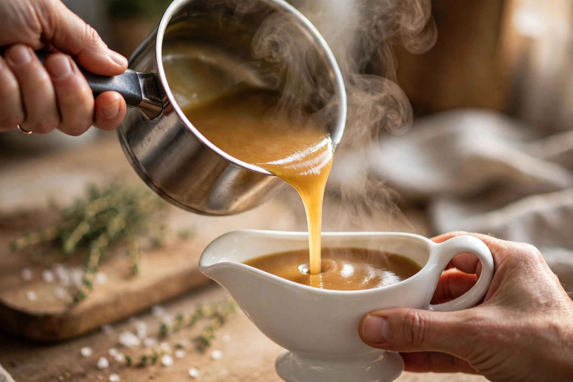 Hands pouring golden gravy from a saucepan into a gravy boat