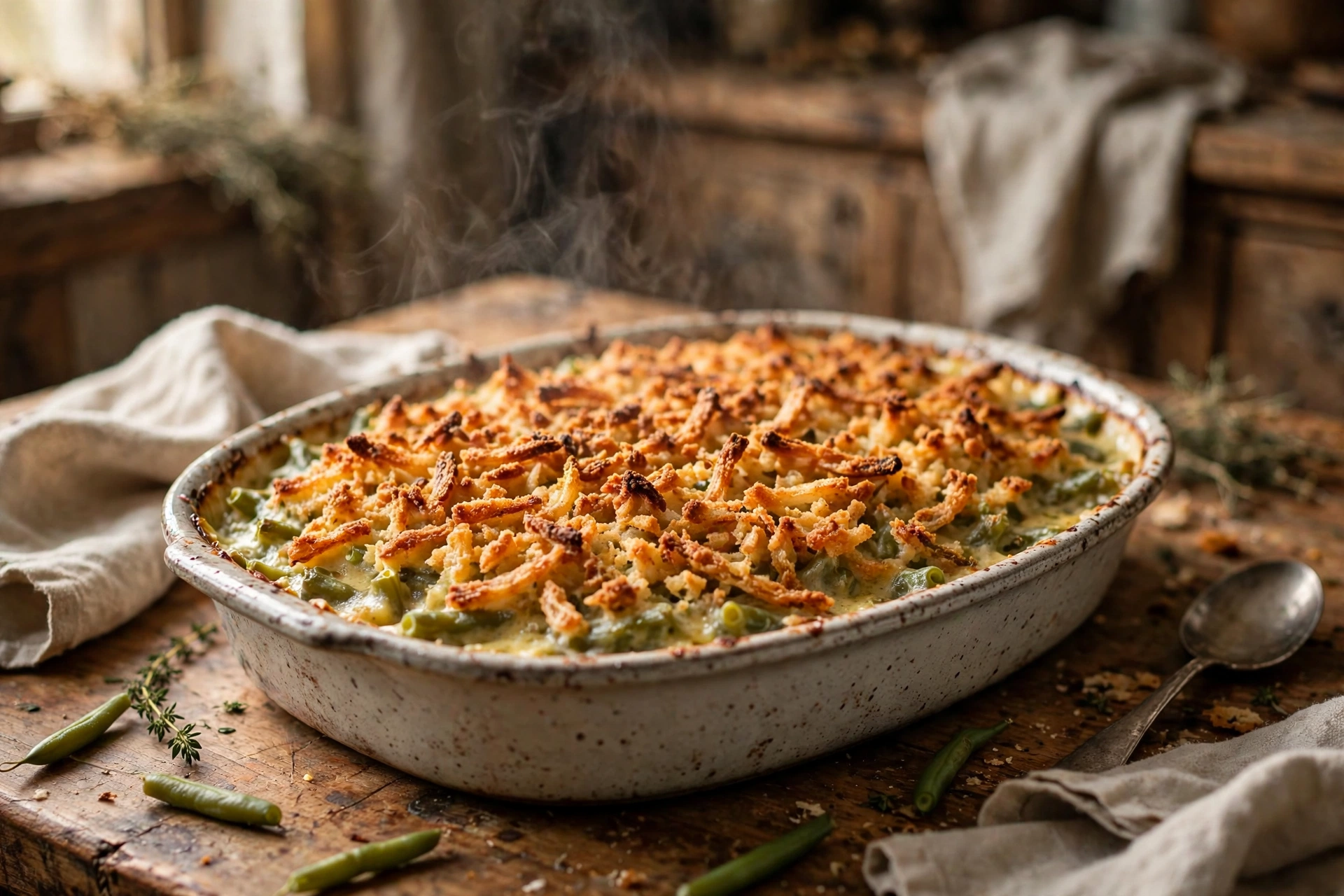 Green bean casserole Green bean casserole topped with crispy fried onions