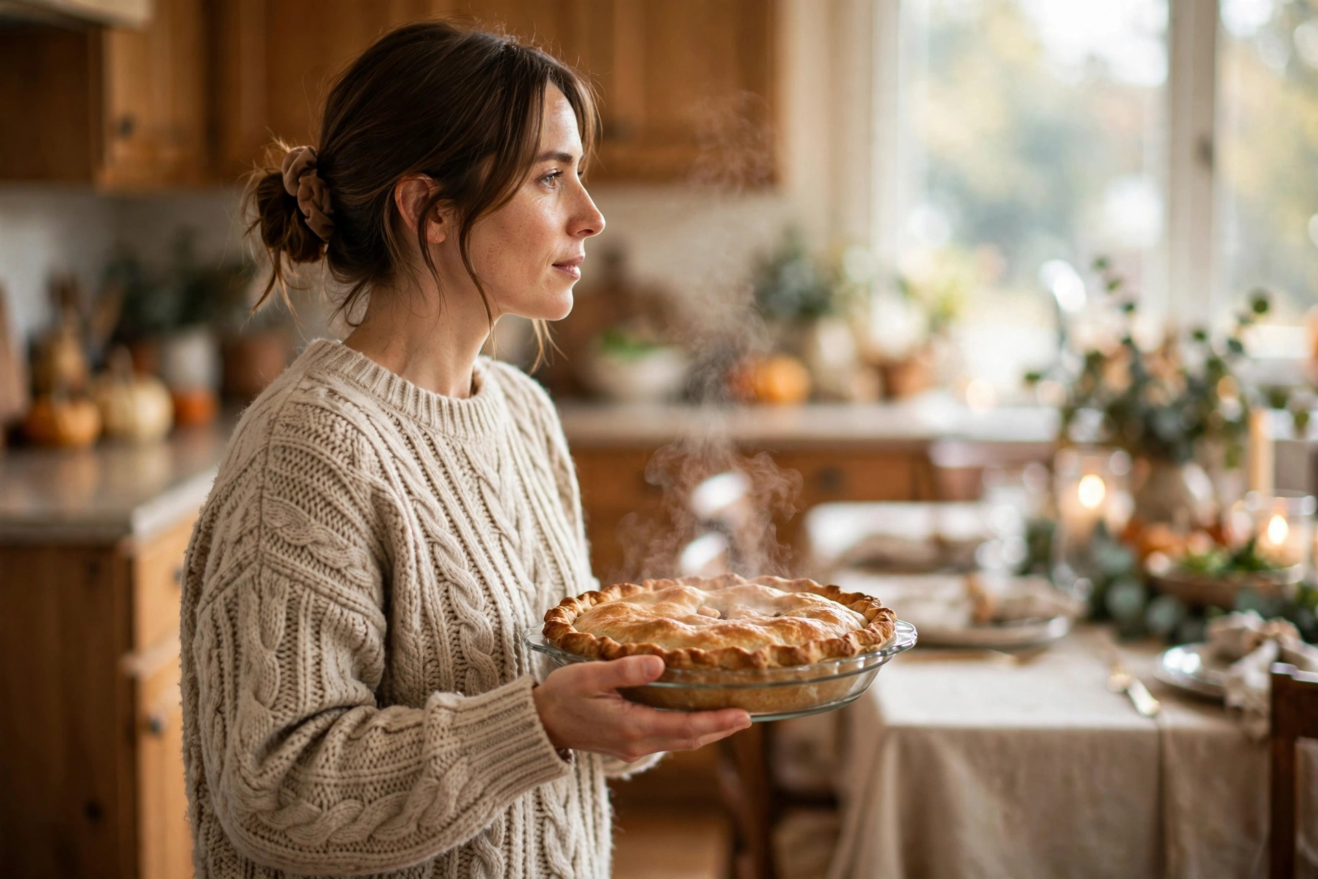 Homemade apple pie in an insulated carrier on a car seat, a travel-safe dish for Thanksgiving dinner