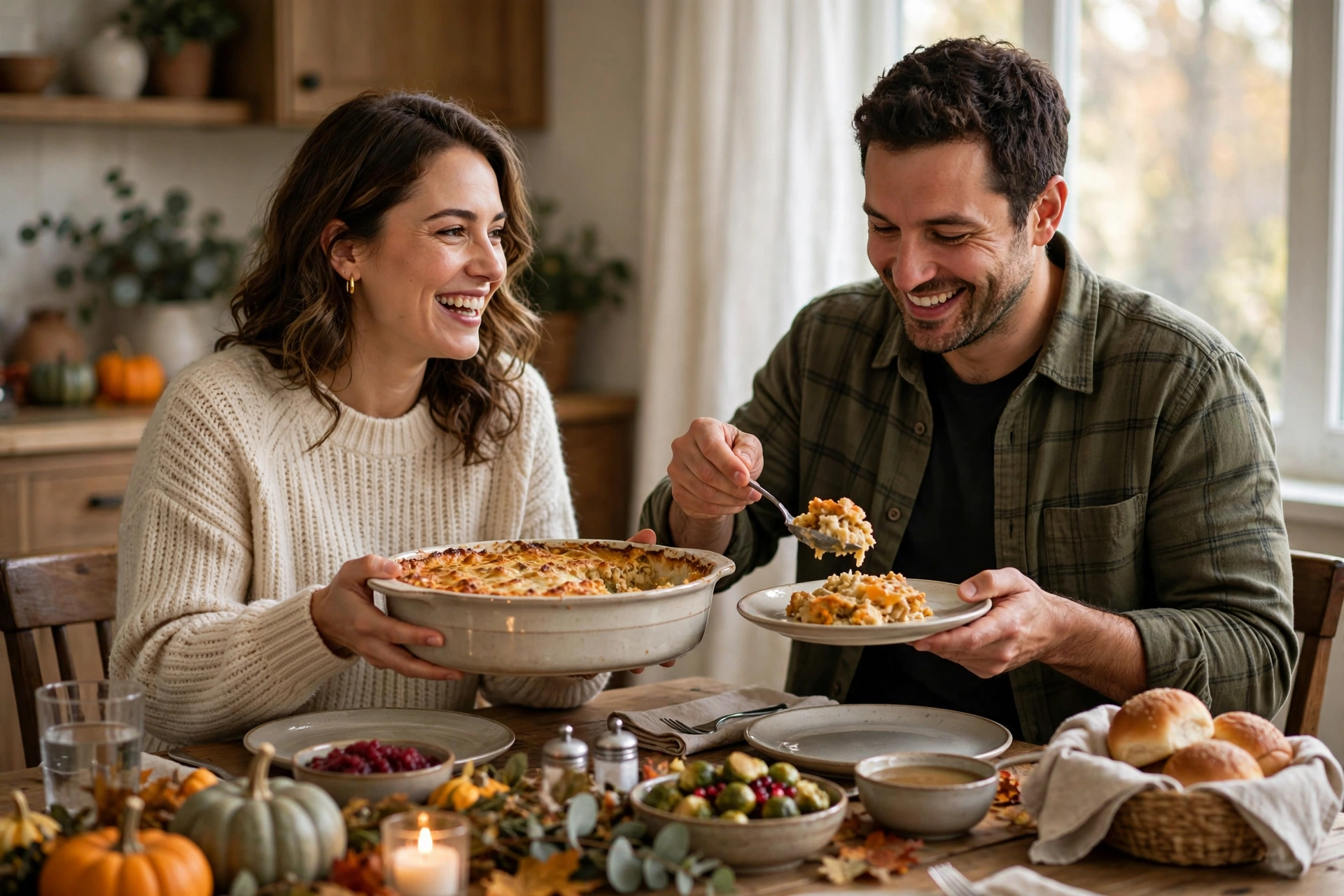 Guests happily sharing dishes at a Thanksgiving potluck gathering