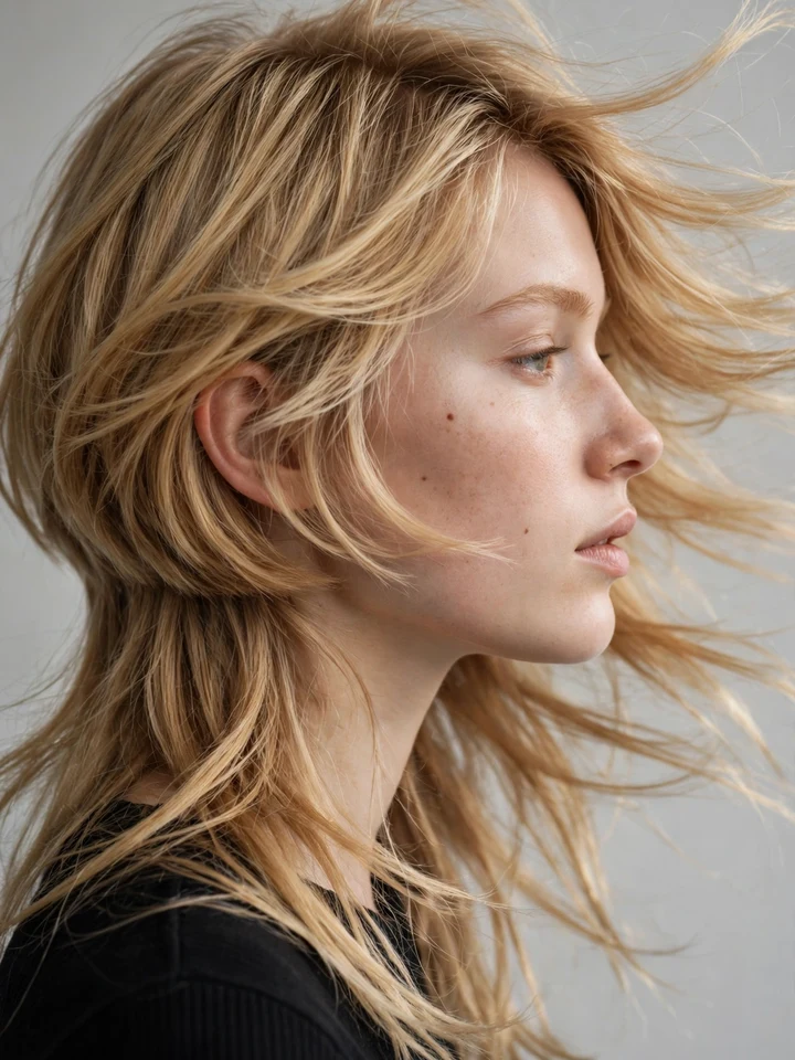 Woman with a butterfly haircut, side profile with layered face-framing hair