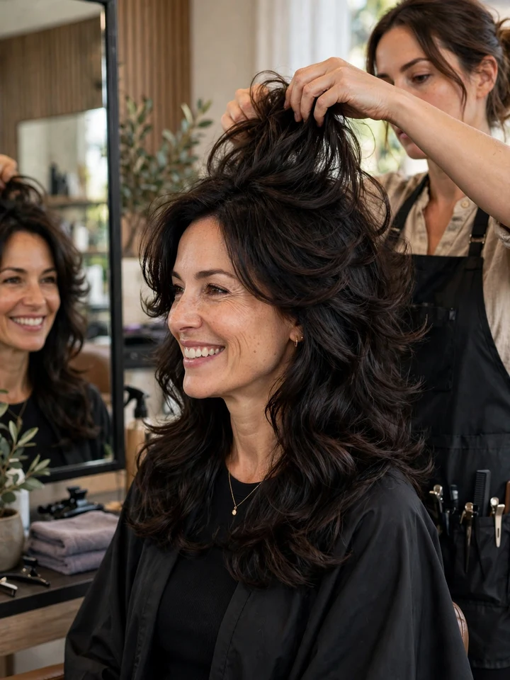 Woman with a long dark layered butterfly haircut in a salon