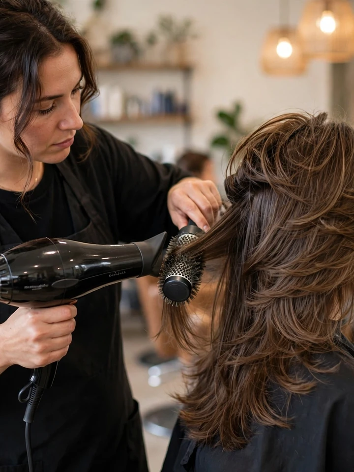Stylist blow-drying a butterfly haircut in a salon