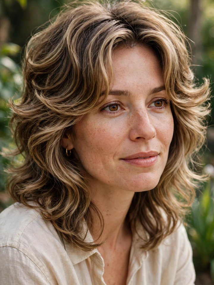 Woman with a wavy butterfly haircut and face-framing layers