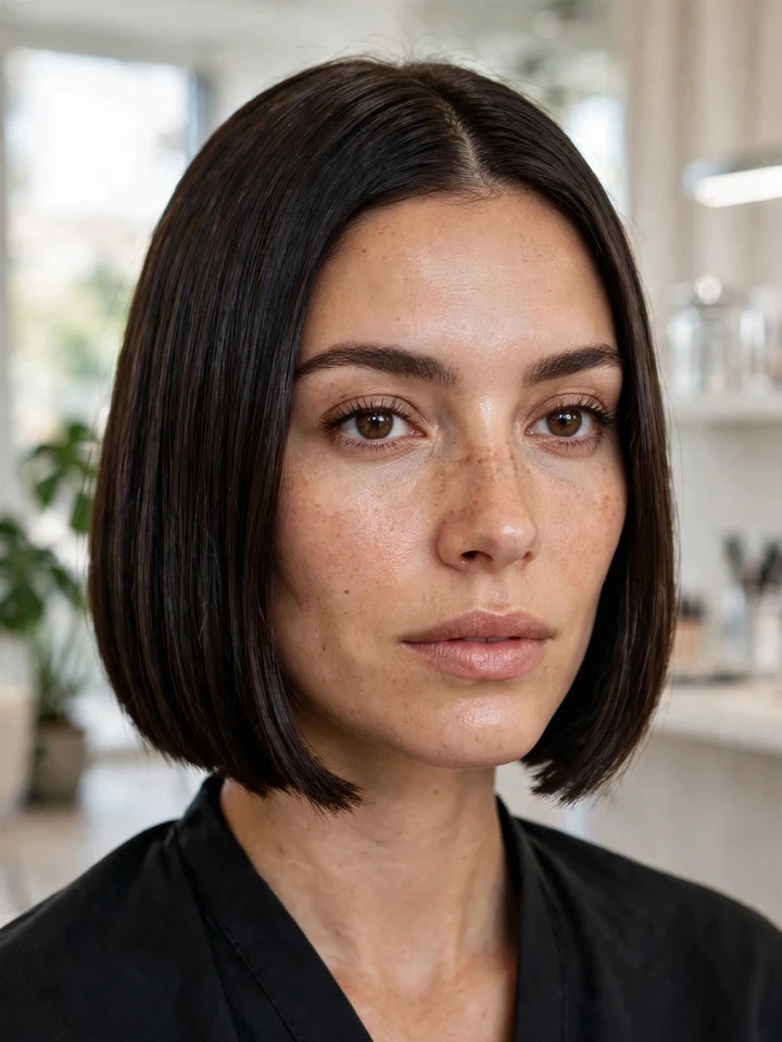 Woman with a sleek dark bob haircut