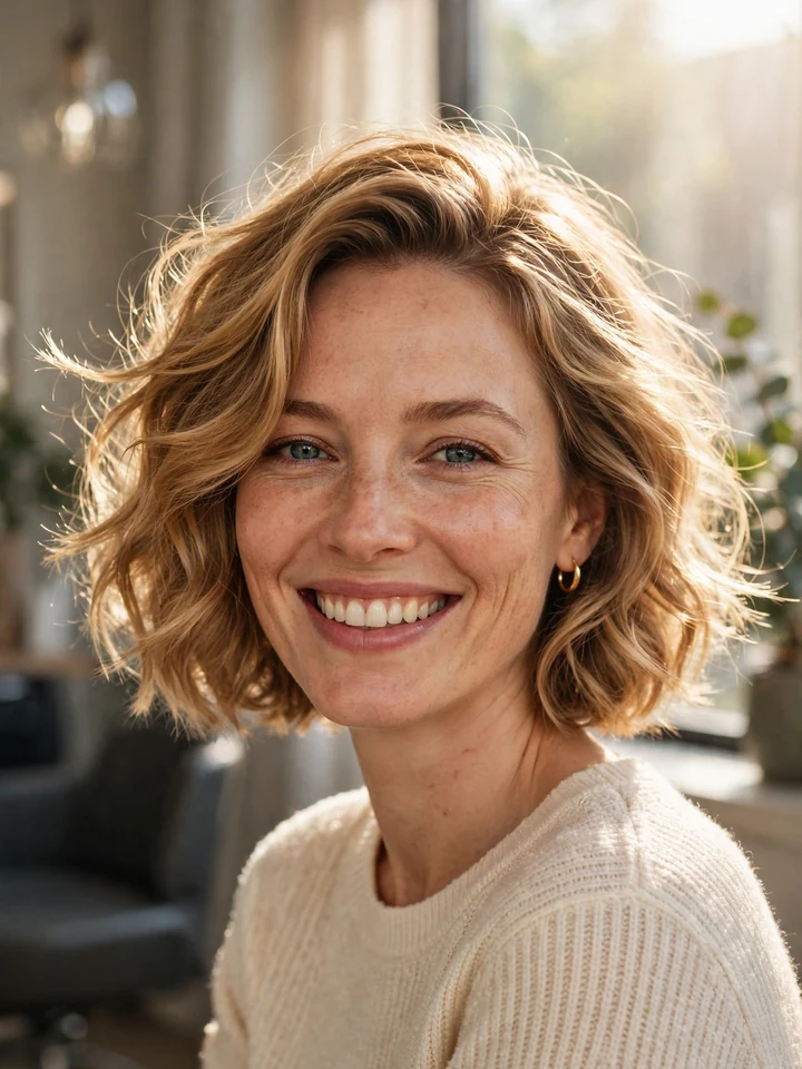 Woman with a wavy blonde bob haircut