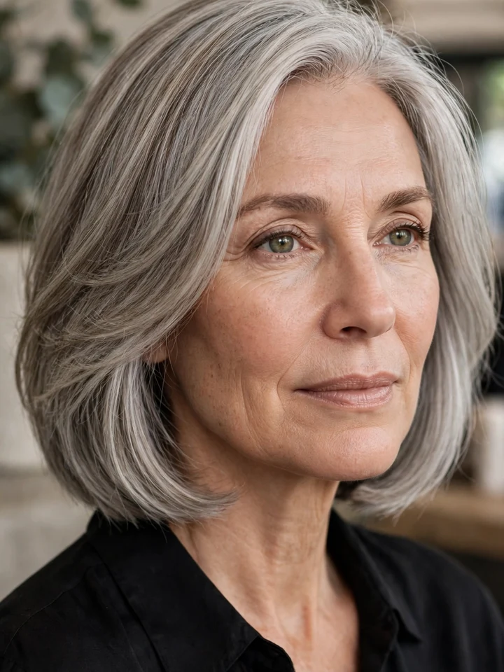 Woman with a grey bob haircut