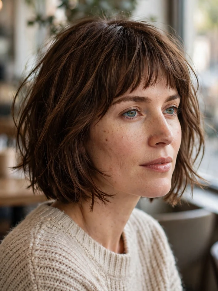 Woman with a bob haircut and fringe