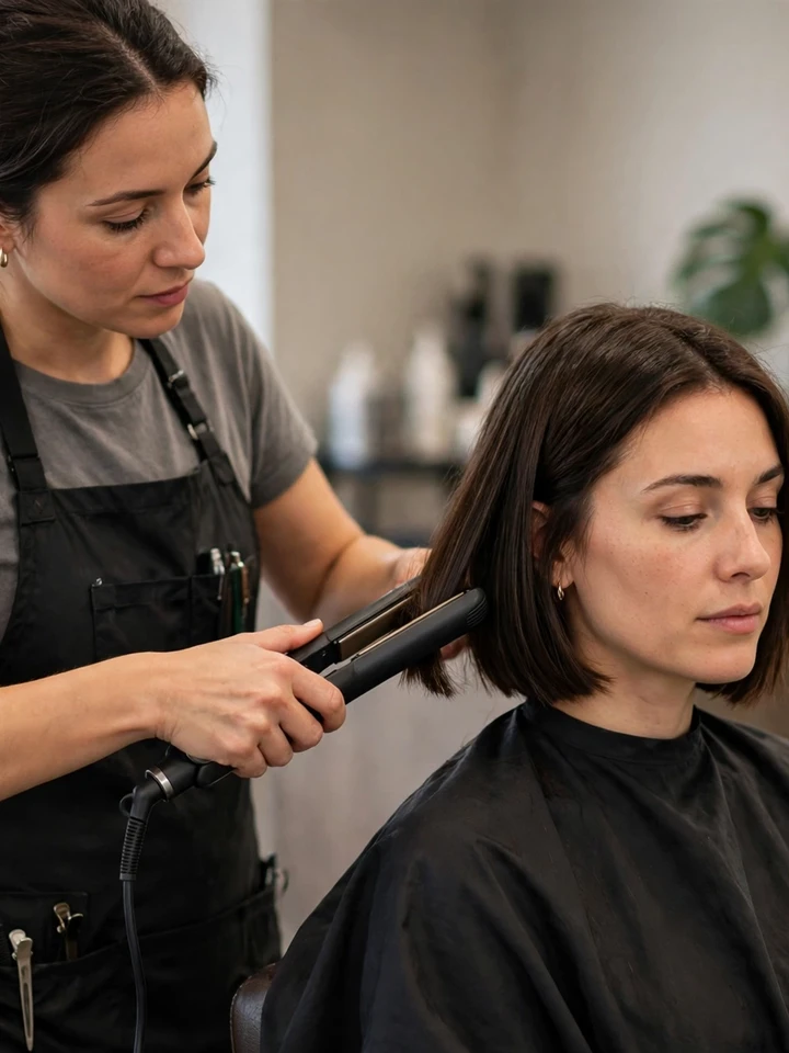 Stylist straightening a bob haircut in a salon