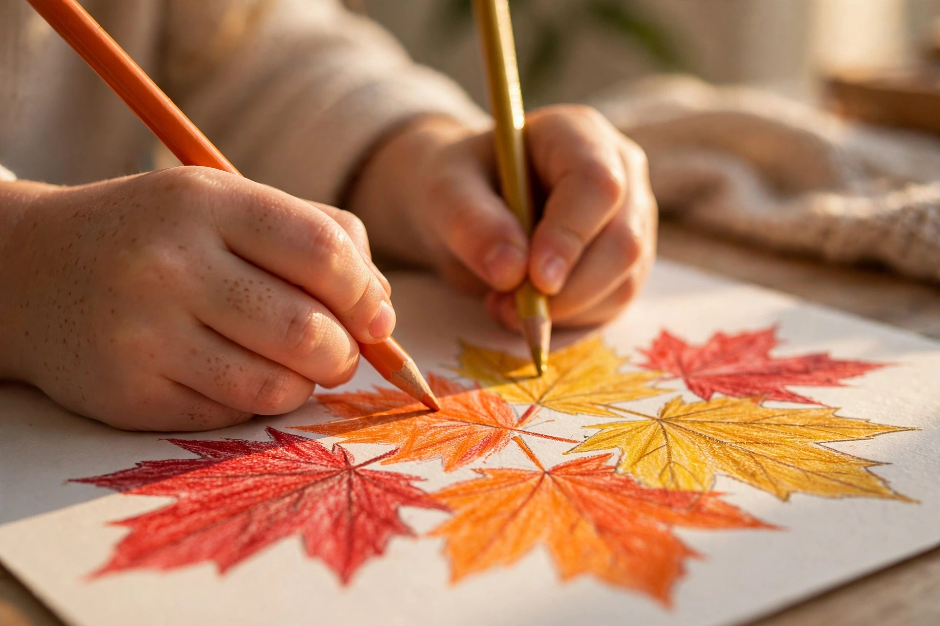 Close-up of small hands coloring fall leaf designs with colored pencils