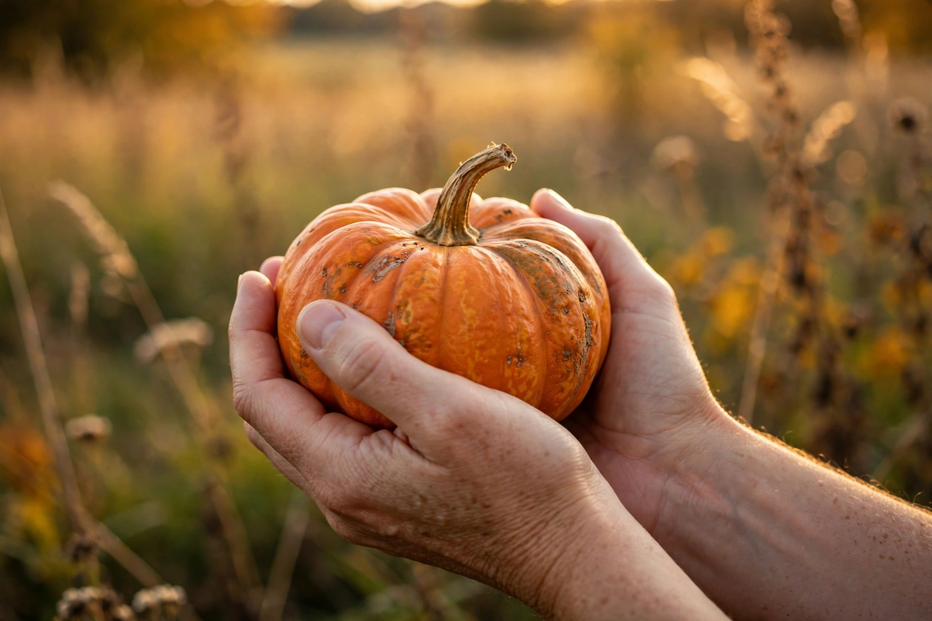 Hands holding a small pumpkin in an autumn field at golden hour, thanksgiving quotes about harvest gratitude