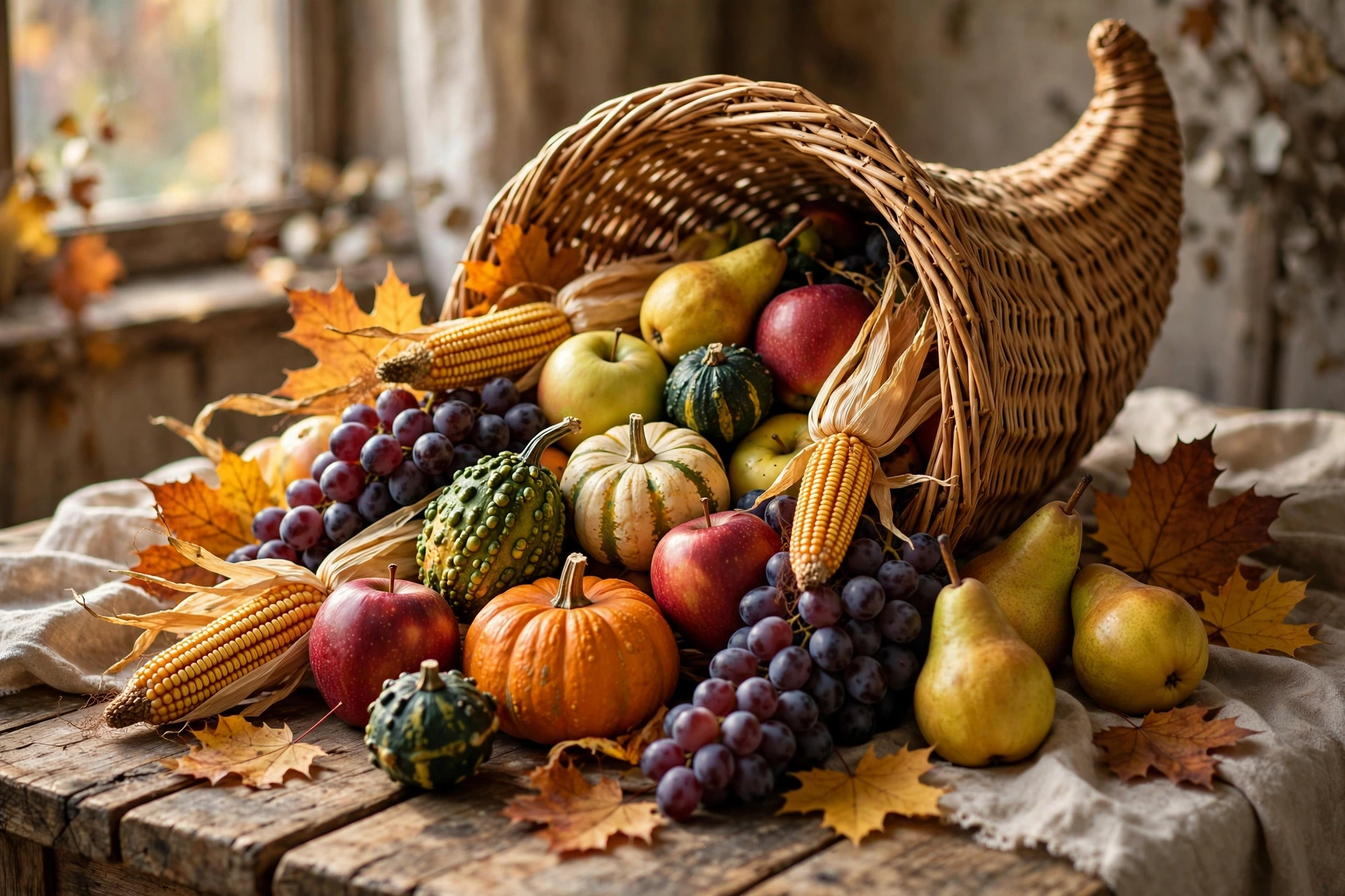 Cornucopia overflowing with autumn harvest produce, a symbol behind many classic Thanksgiving facts