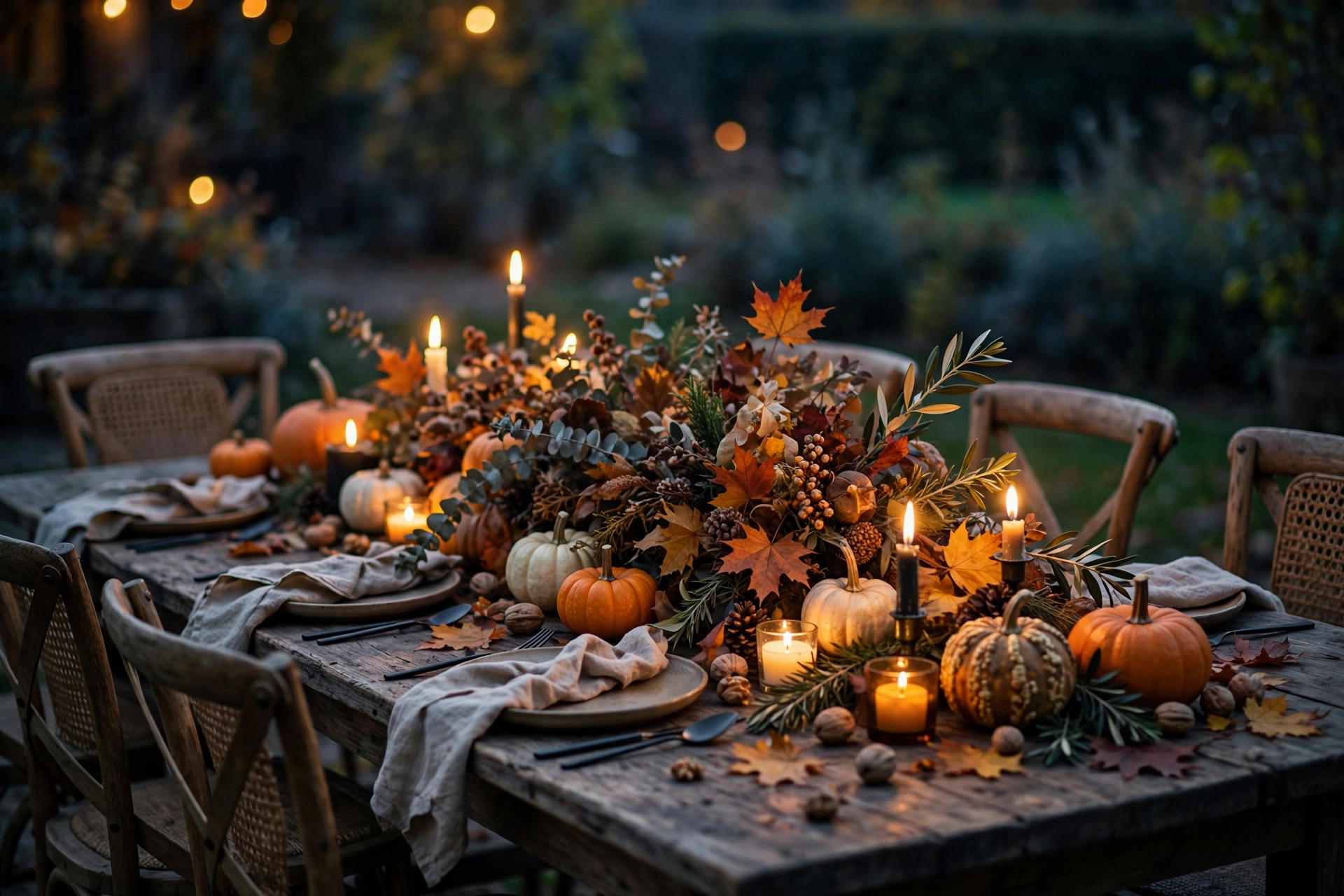 Thanksgiving harvest table at dusk with candles and pumpkins, thanksgiving quotes about gratitude and the season